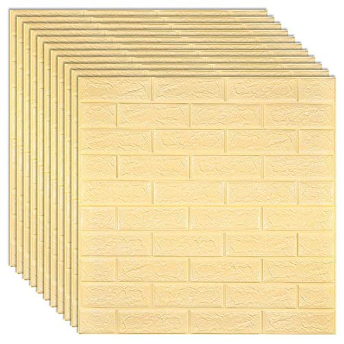 3D Brick Wall Stickers - Self-Adhesive Waterproof Wallpaper for Bedroom, Living Room, Kitchen & TV Backdrop - 70x77cm (12Pcs) - LYellow | Home Decor, DIY Wall Covering, Easy Peel & Stick Installation