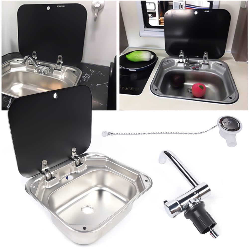 Stainless Steel RV Kitchen Sink with Glass Lid & Hot/Cold Faucet - Single Bowl Basin for Caravans, Motorhomes, Boats & Campers | Durable Outdoor Cooking & Hand Washing Solution