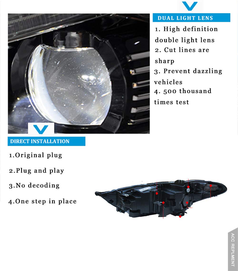 2PCS LED Headlight Assemblies for Ford Fusion 2017-2019 - High Power Projector Lens LED Kit with Dynamic Turn Signal & DRL - Perfect for Night Driving & Enhanced Visibility