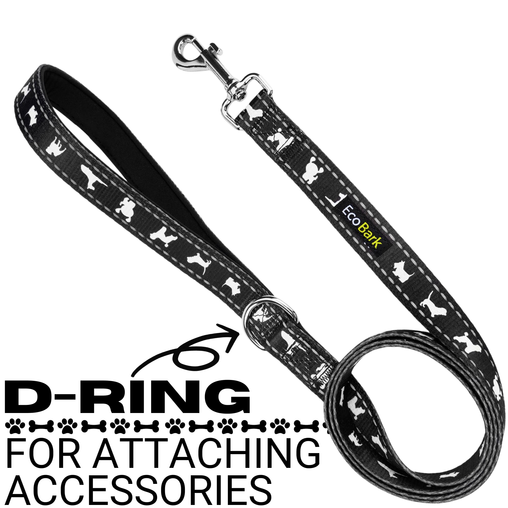 EcoBark Reflective Dog Leash - Soft Padded Handle Training Leash for Small Medium Large Dogs | Heavy Duty Durable for Walking Running & Outdoor Adventures (Black)