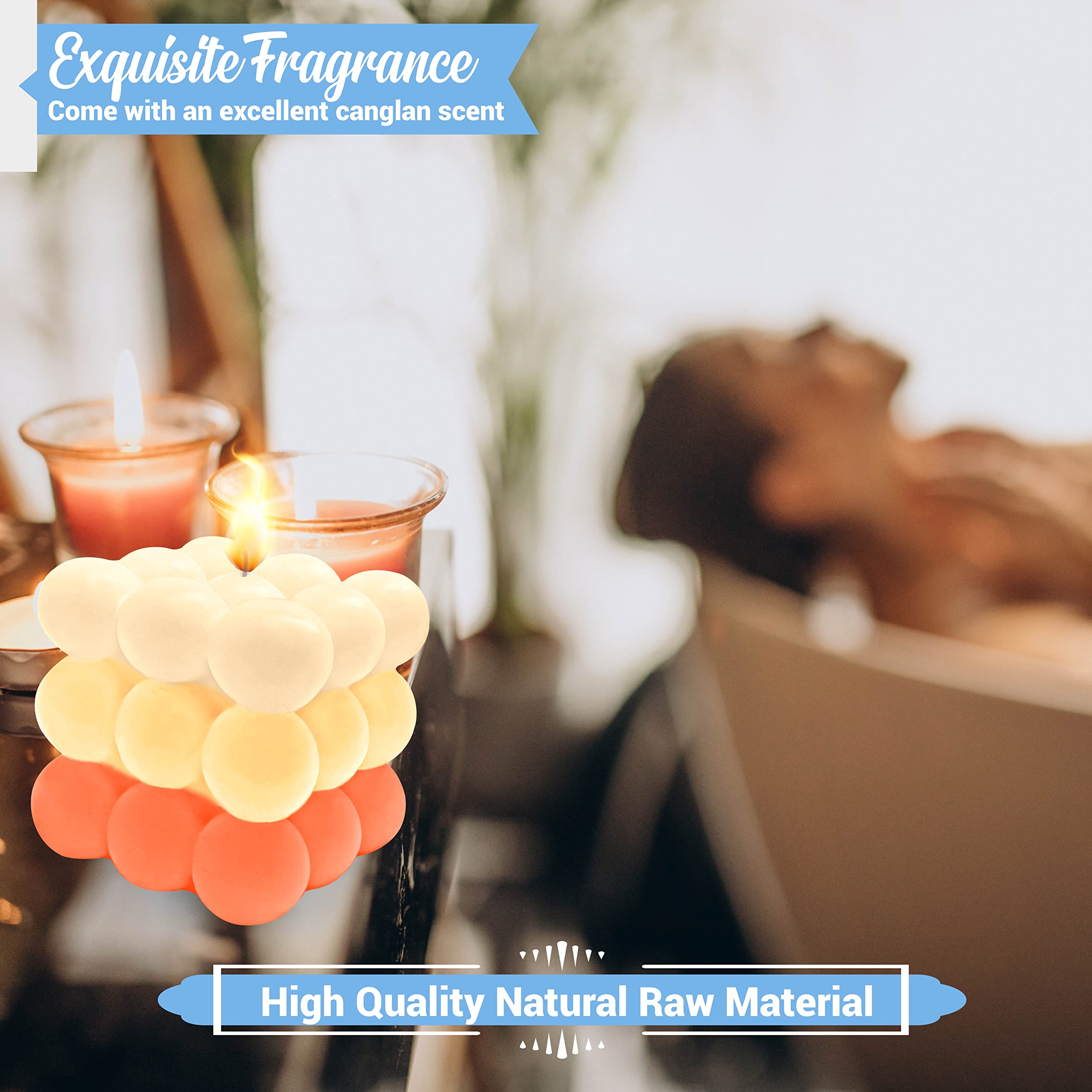 2 Pack Handmade Gradient Light Orange Bubble Soy Candles - Aesthetic Cube Candles for Home Decor, Bedroom, Bathroom & Relaxation | Perfect for Romantic Dinners, Spa Nights & Cozy Ambiance