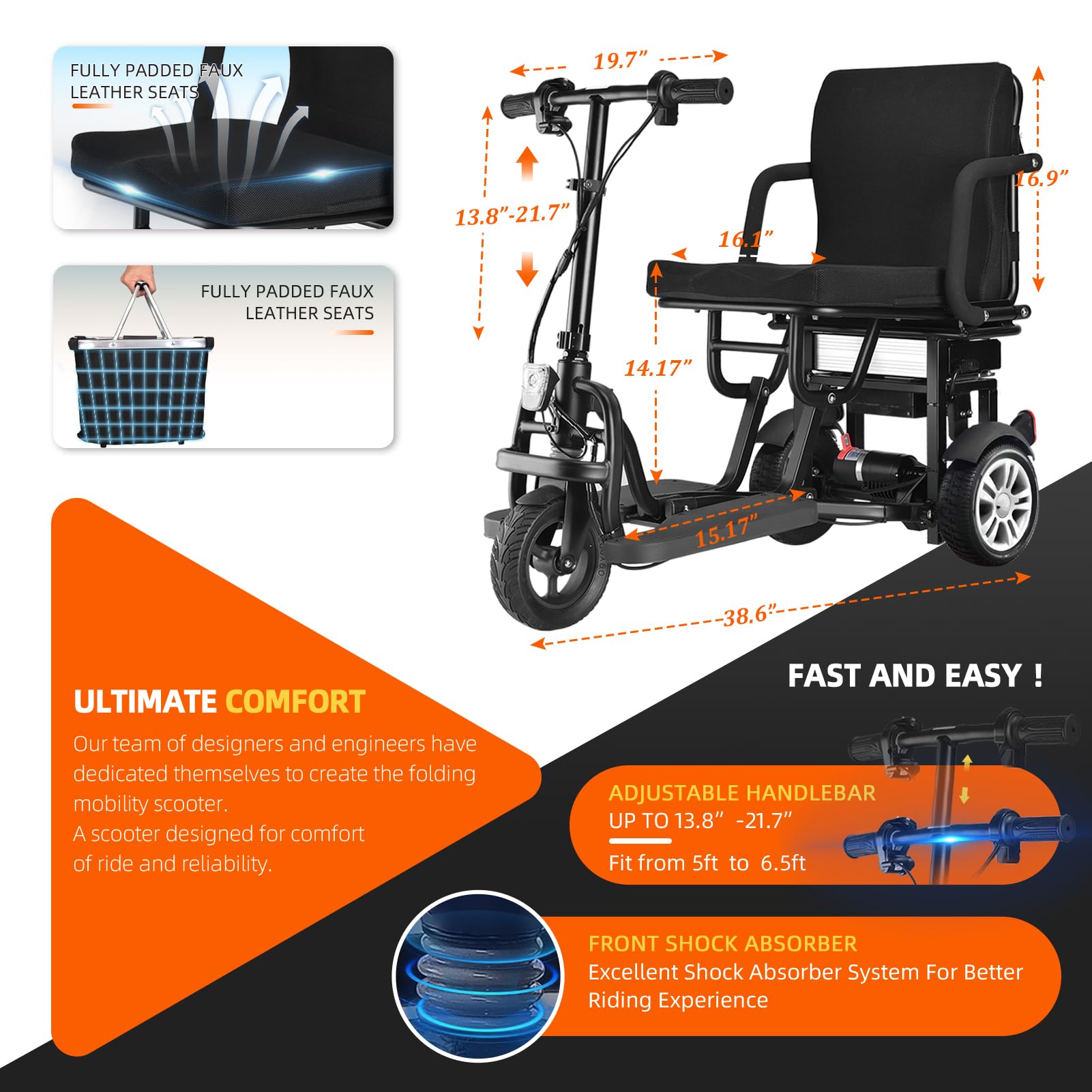 12Ah Airline Approved Mobility Scooter for Adults - Lightweight, No Assembly Required, Includes Battery & Charger - Perfect for Travel, Shopping & Outdoor Activities