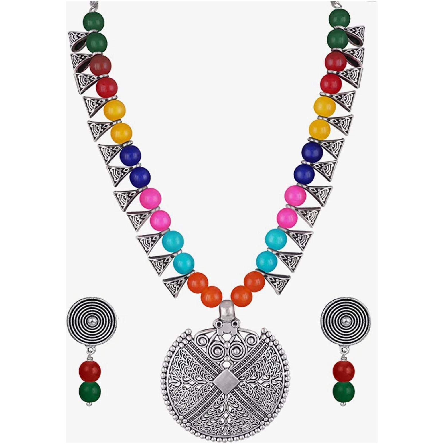 German Silver Oxidized Beaded Choker Necklace Set - Adjustable Thread for Boho, Vintage & Festival Jewelry - Perfect for Parties, Weddings & Everyday Wear