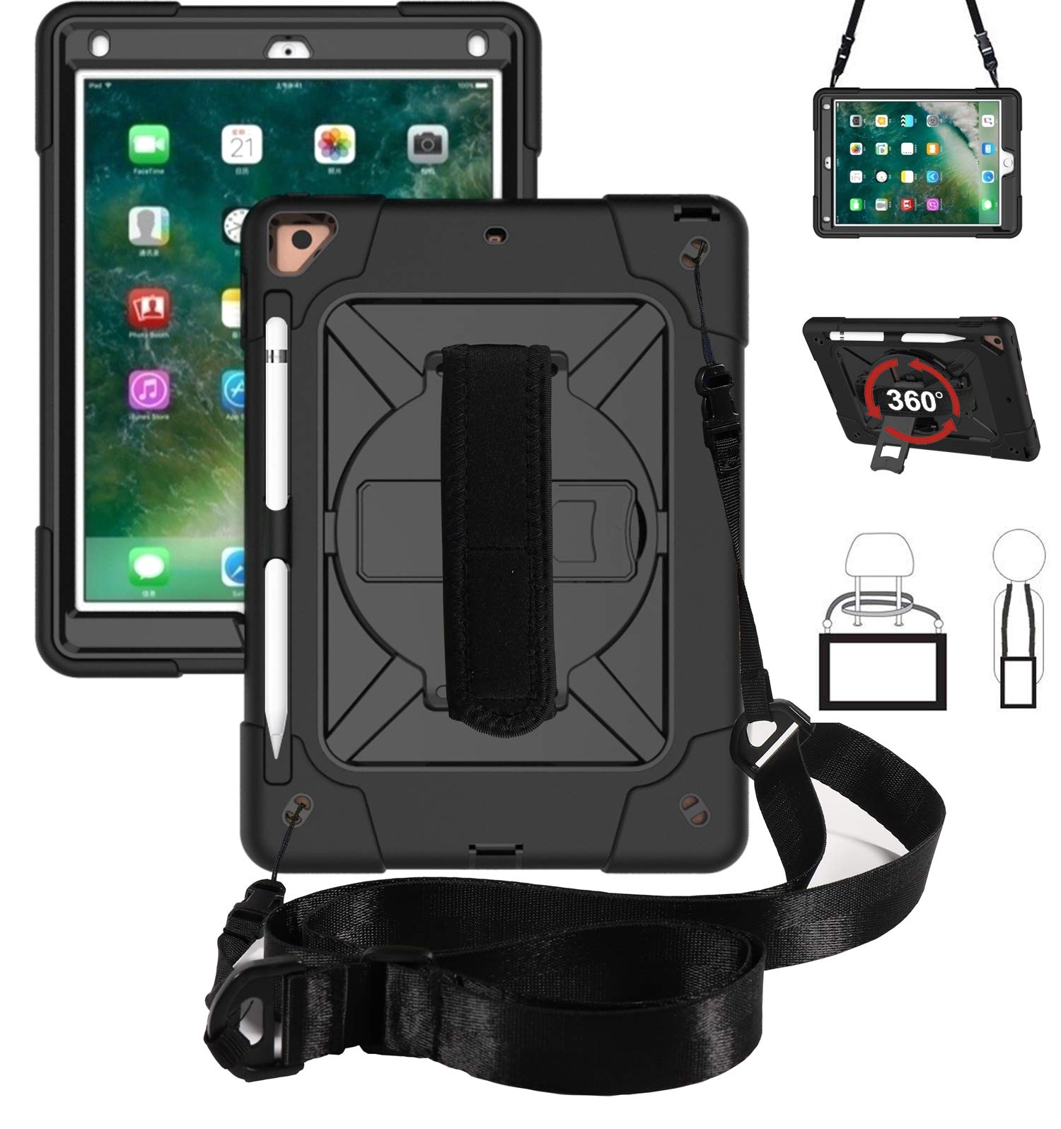 Jaorty 360° Rotating Handle Stand Case for iPad Air 2/iPad Pro 9.7 (2016) & iPad 5th/6th Gen (2017/2018) - Shockproof Protective Cover with Kickstand, Pencil Holder & Adjustable Shoulder Strap (Black+Black) - Perfect for Work, Travel & School Use