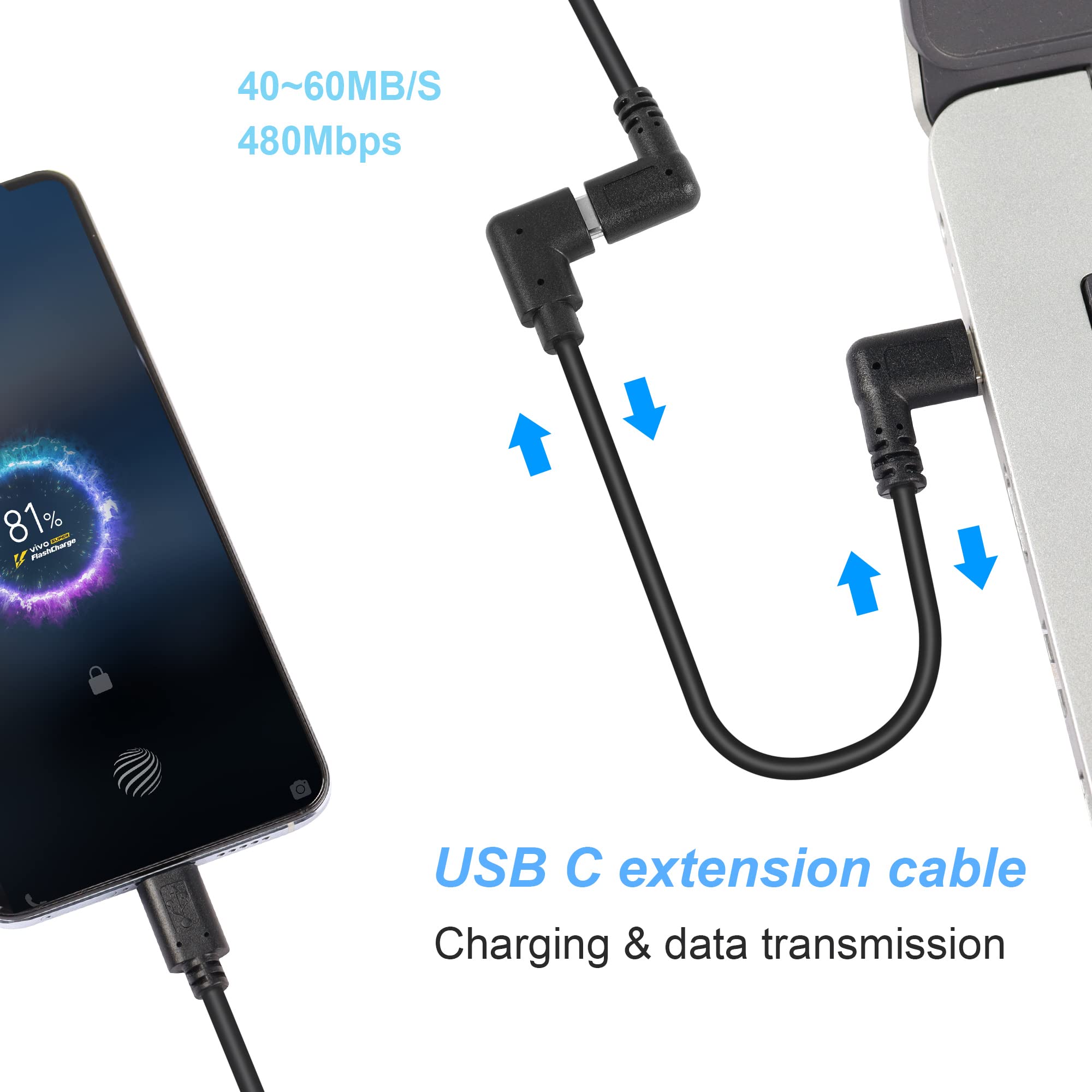 GINTOOYUN USB C Extension Cable 0.3m - Right Angle Male to Female PD 60W Fast Charging Cord - Compatible with MacBook, iPad, iPhone, Samsung Galaxy - Perfect for Home, Office & Travel Charging
