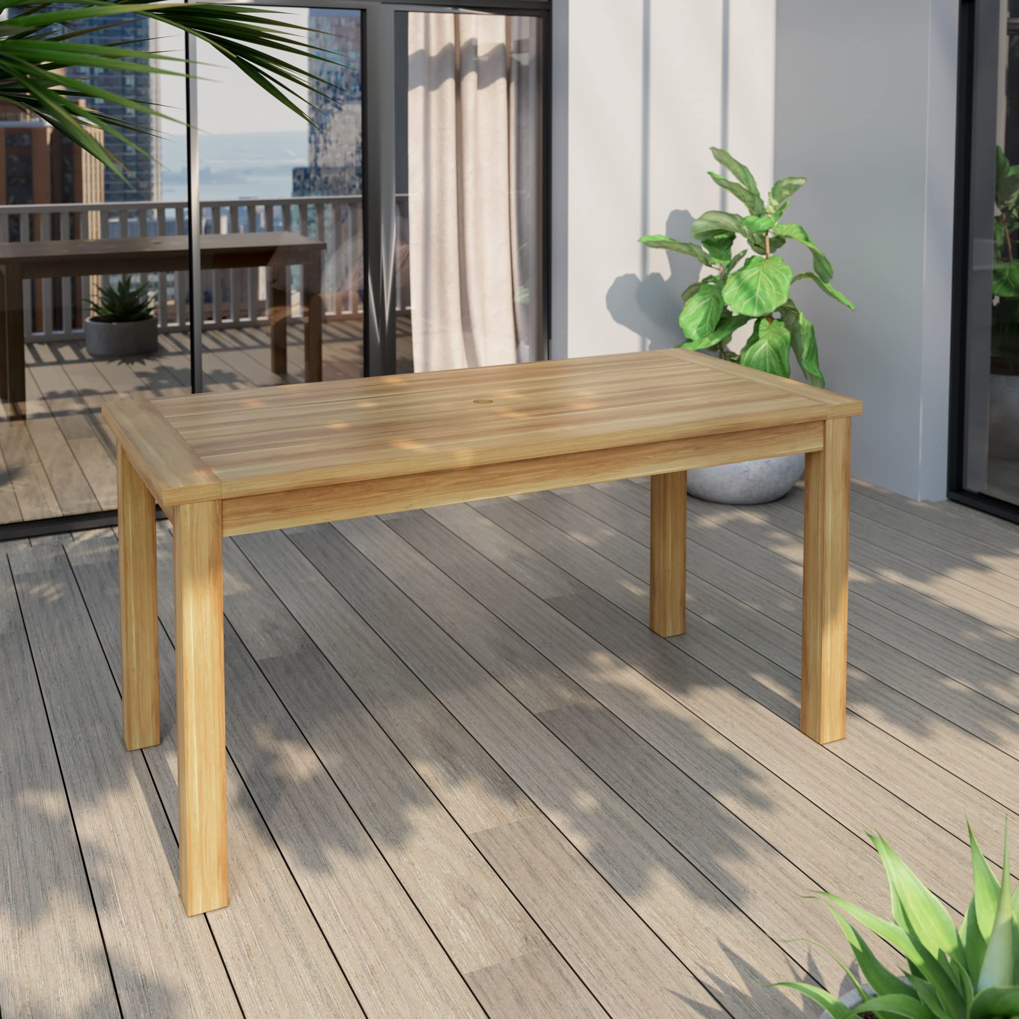 TK Classics DT60-79-Q688 60 Inch Acacia Wood Rectangular Dining Table with Umbrella Hole - Natural Beige Finish - Perfect for Patio, Backyard, and Outdoor Dining Areas