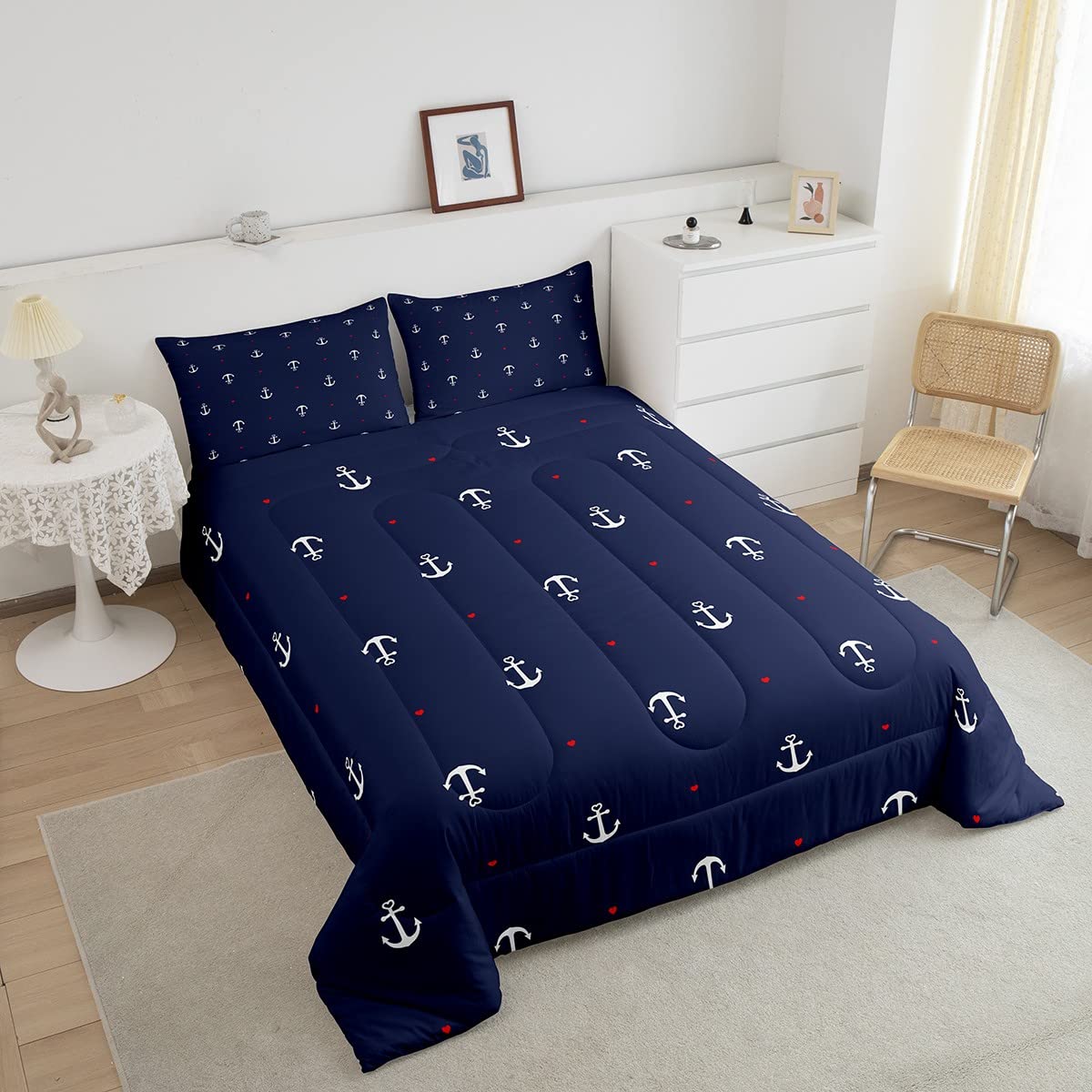 **Nautical Themed Twin Comforter Set - 2 Piece Navy Blue Microfiber Down Alternative Bedding for Kids & Teens Boys Room Decor - Includes 1 Pillowcase - Perfect for Coastal, Beach, or Sailor Themed Bedrooms**
