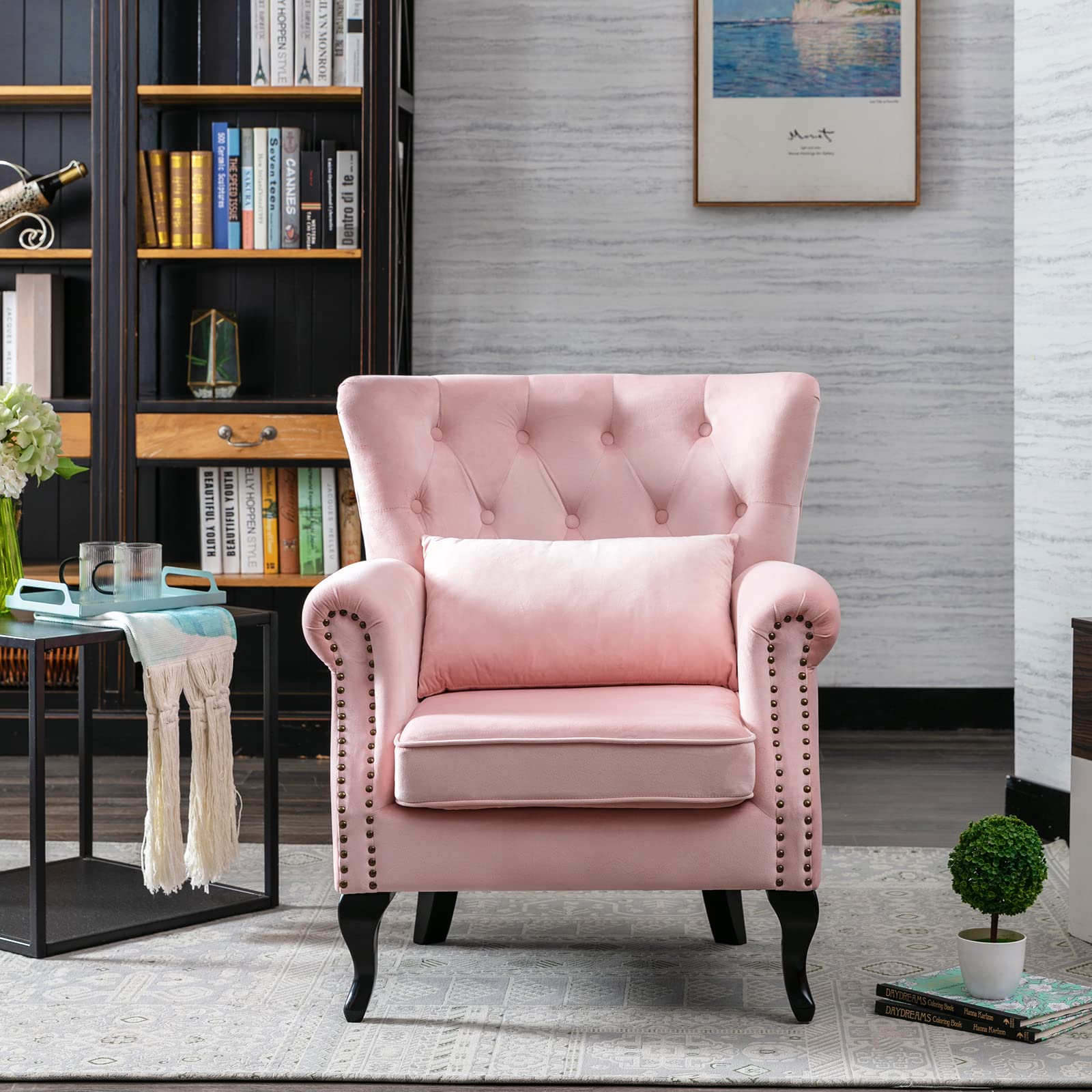 Mid-Century Modern Accent Reading Arm Chair - Velvet Pink Wingback Club Chair with Button Tufted Back & Lumbar Pillow - Comfy Corner Sofa for Living Room, Bedroom, Office Waiting Area - Perfect for Relaxing, Reading & Lounge Spaces