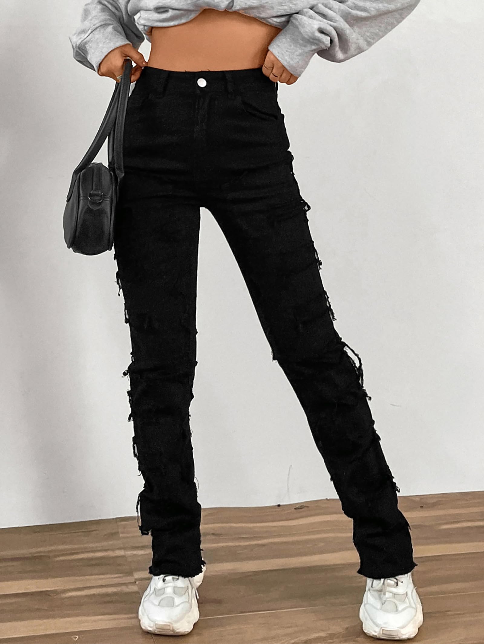 Conshvi Women's Stacked Straight Leg Jeans - Mid Rise Slim Fit Distressed Patchwork Denim Pants with Stretch | Trendy Casual Wear for Everyday, Work & Night Out