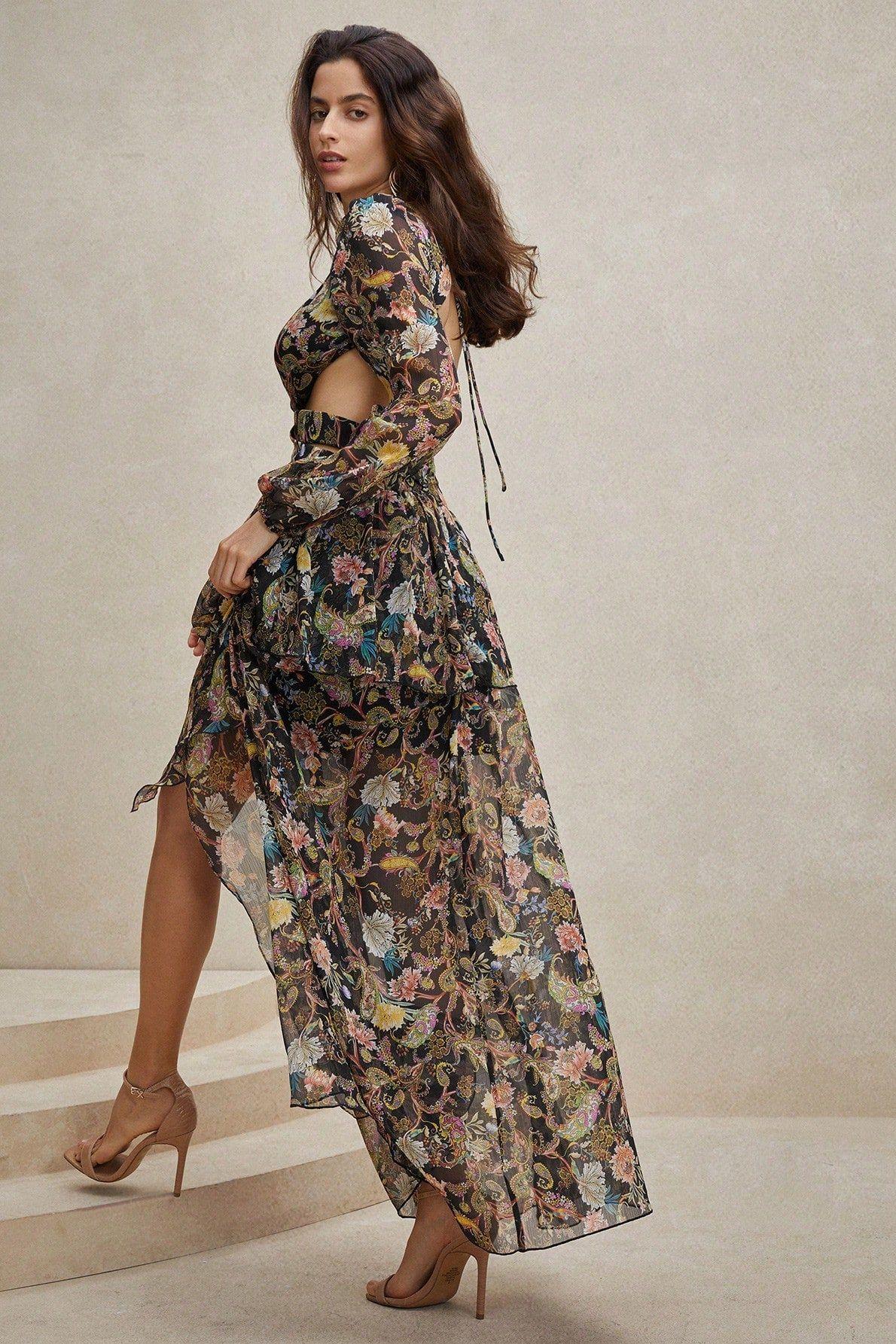 Elegant Chiffon Paisley Print Long Sleeve Midi Dress for Women - Boho Flowy Party & Wedding Guest Outfit