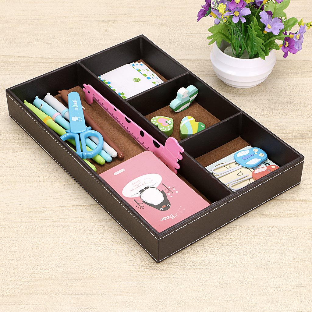 BTSKY 4-Slot PU Leather Desk Drawer Organizer - Office Supplies Storage Tray for Pens, Paper Clips & Accessories - Multi-Purpose Desktop Organizer (Brown) - Perfect for Home Office, School & Workspace Organization