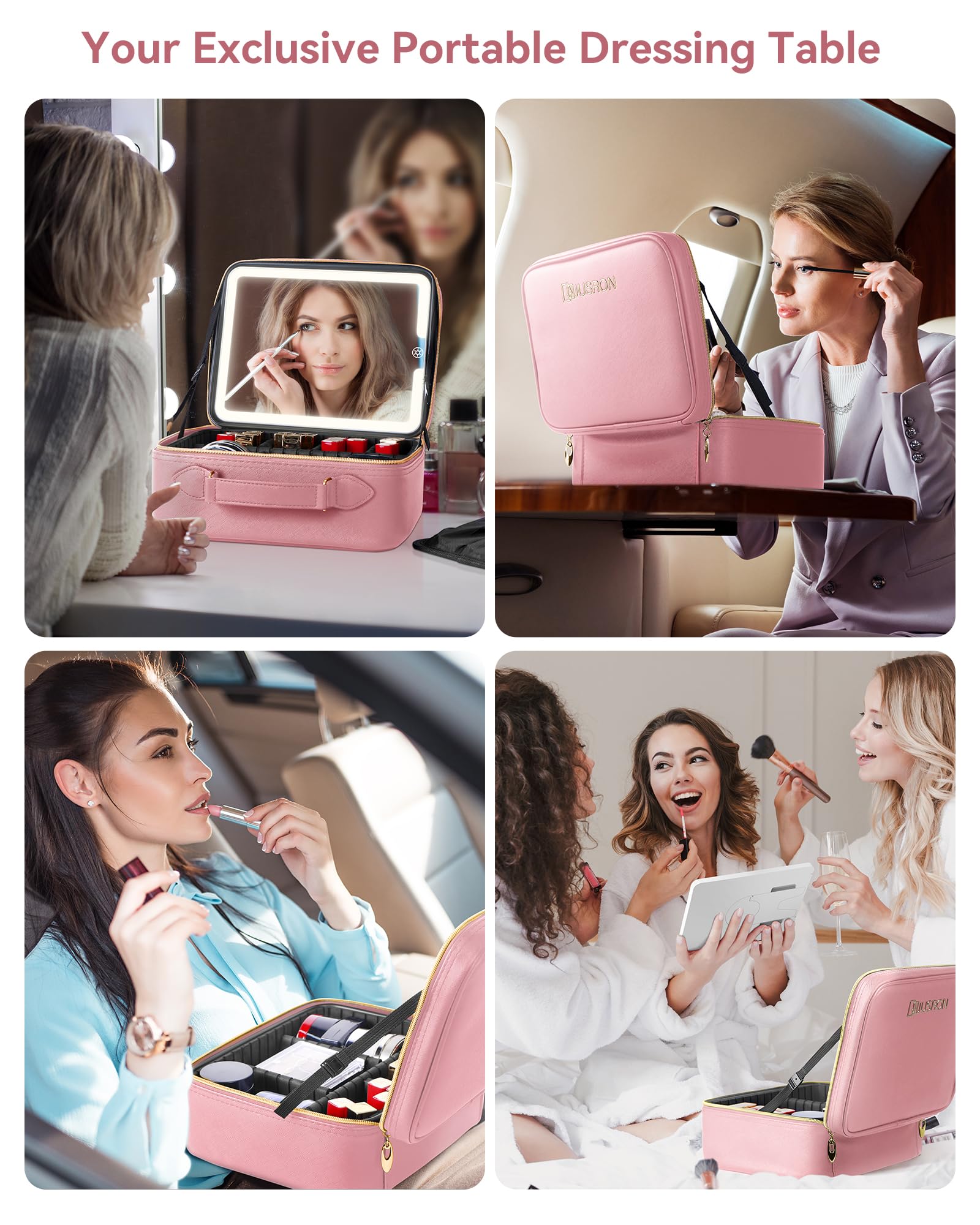 JUSRON LED Travel Makeup Bag - Pink Large for Artists & Travel
