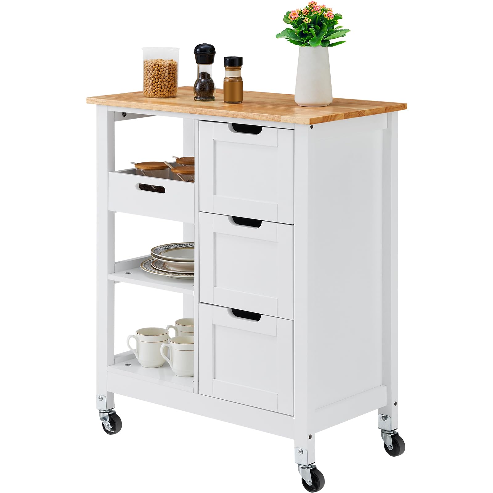 VEVOR White 26-inch Rolling Kitchen Island Cart with 3 Drawers & Shelves, Wood Top Mobile Breakfast Bar - Perfect for Dining, Kitchen, Living Room & Farmhouse Style Homes | Space-Saving Storage Solution for Small Kitchens & Entertaining Guests