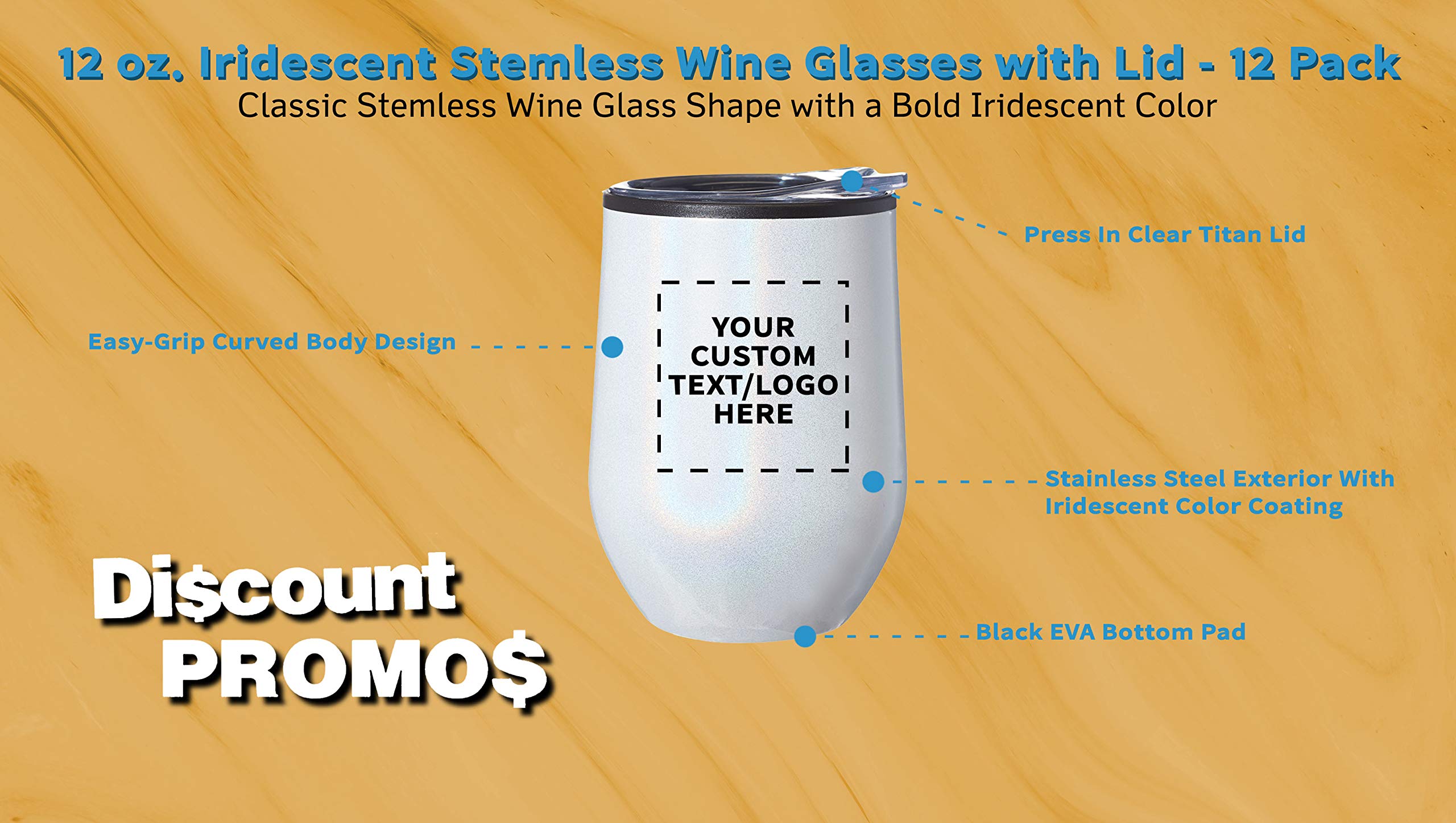 Custom Palmera Stemless Wine Tumblers with Lids - 12 oz Set of 12, Personalized Bulk Pack - Iridescent White - Perfect for Wine, Cocktails, Hot & Cold Beverages - Great for Parties, Weddings, Gifts & Home Entertaining