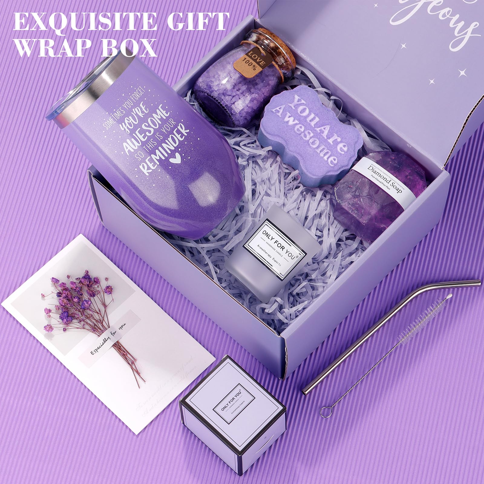 Relaxing Spa Gift Basket Set for Women - Perfect Birthday Gifts for Her, Mom, Grandma, Daughter, Sister, Wife & Girlfriend | Unique Bath Set with Essential Oils, Bath Bombs & Luxurious Accessories in Elegant Purple | Ideal for Self-Care, Mother's Day, Anniversary & Stress Relief