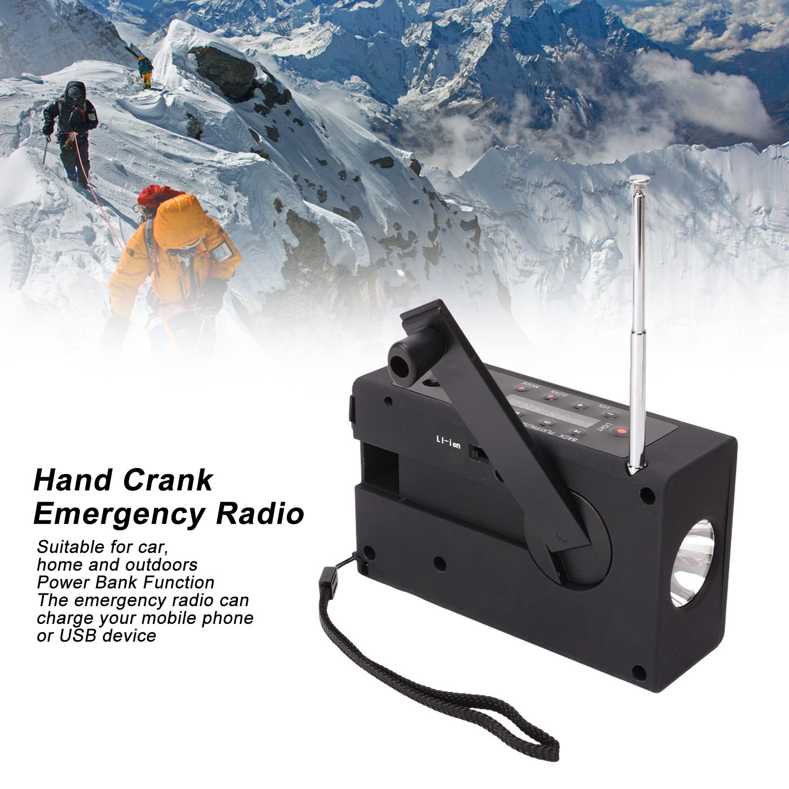 Hand Crank Emergency Weather Radio with Bluetooth, FM, USB, Headphone Jack & Flashlight - Solar Powered Portable Radio for Outdoor, Camping, Hiking & RV Emergency Preparedness