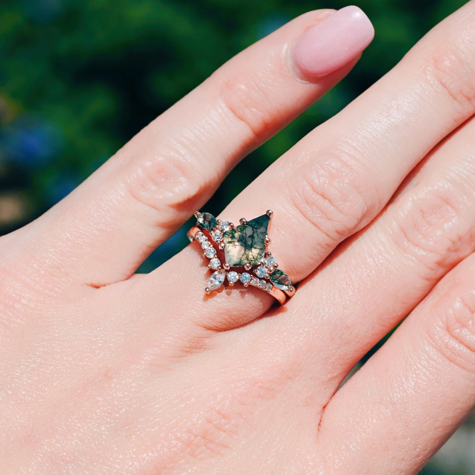 Skye Kite™ Green Moss Agate Ring Set - 14K Solid Rose Gold Jewelry for Women, Nature-Inspired Gemstone Rings for Everyday Wear, Gift for Her, Wedding, Anniversary & Special Occasions