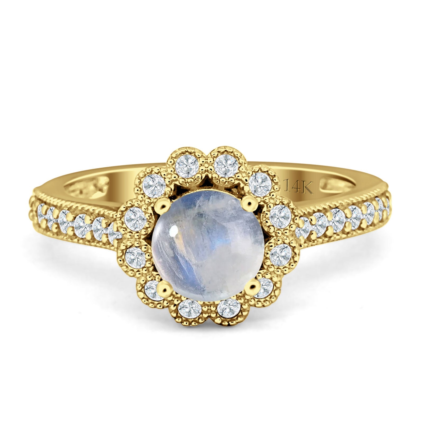 14K Yellow Gold Round Natural Moonstone Vintage Style Flower Ring for Women – Elegant Boho Jewelry Gift for Brides, Engagement, Wedding & Special Occasions