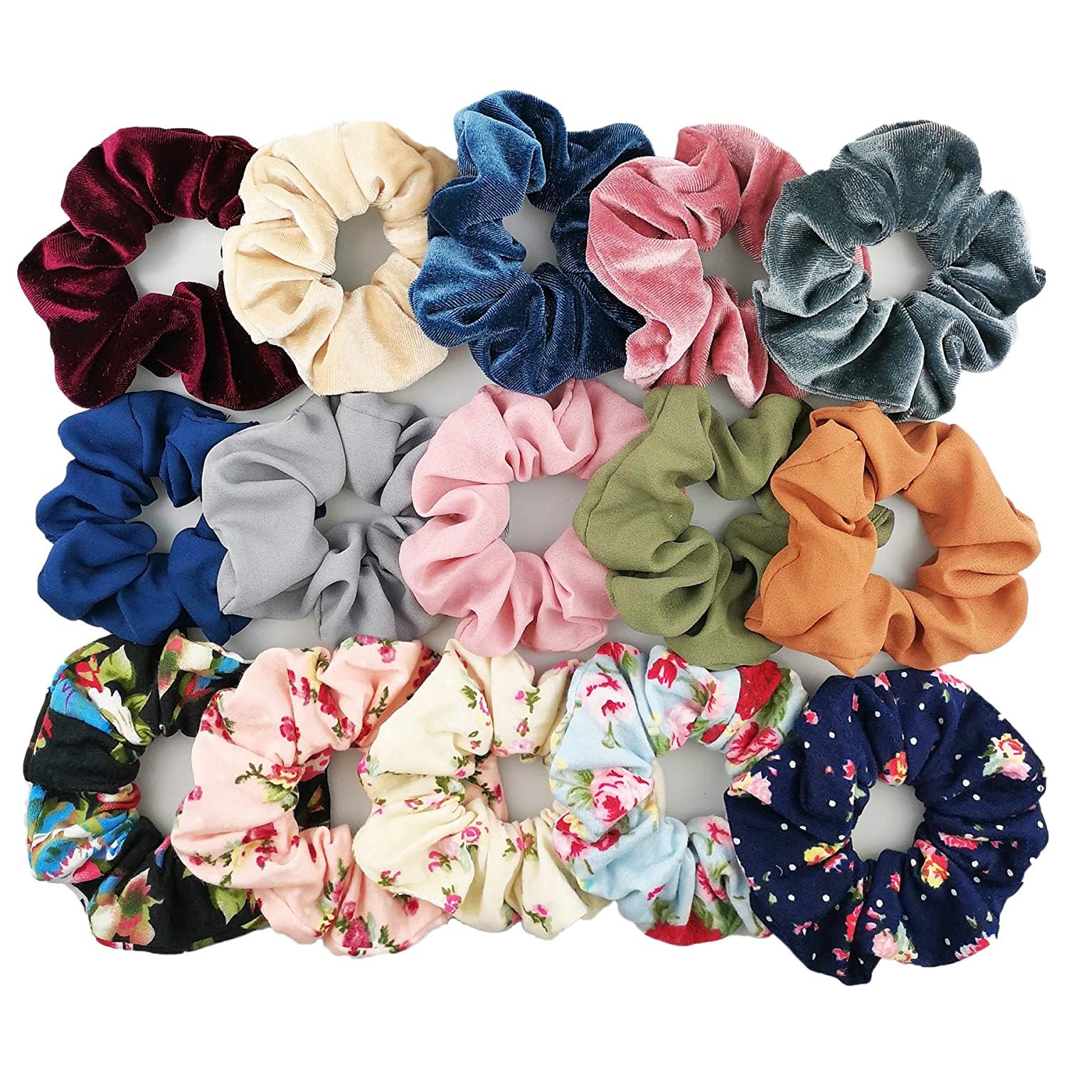 15PCS Hair Scrunchies Set - 5 Velvet, 5 Chiffon, 5 Cotton Hair Ties for Women & Girls | Soft Elastic Hair Bands for Ponytails, Buns & Braids | Trendy Hair Accessories for School, Work & Gym