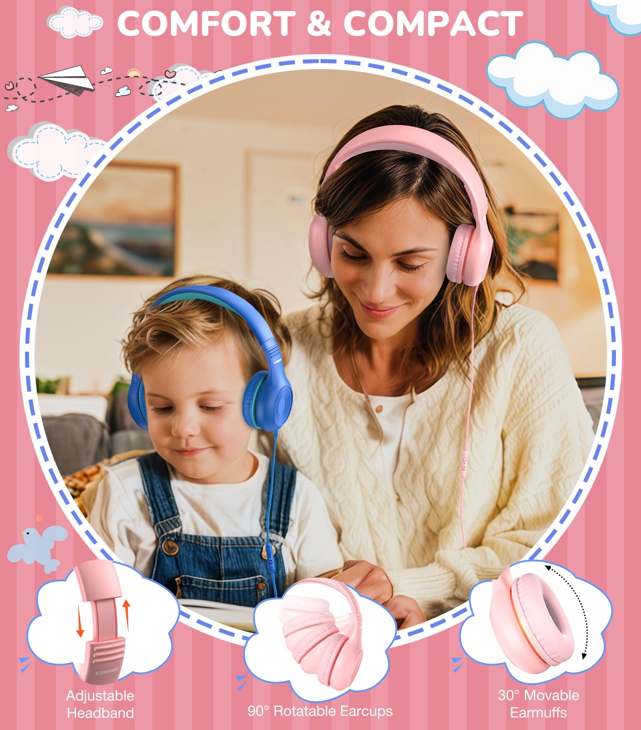 Upgrade USB Type C Kids Headphones with Microphone - Adjustable 85dB/94dB Volume Limited Wired Headphones for Boys & Girls (Pink) - Perfect for Online Learning, Gaming, and Travel