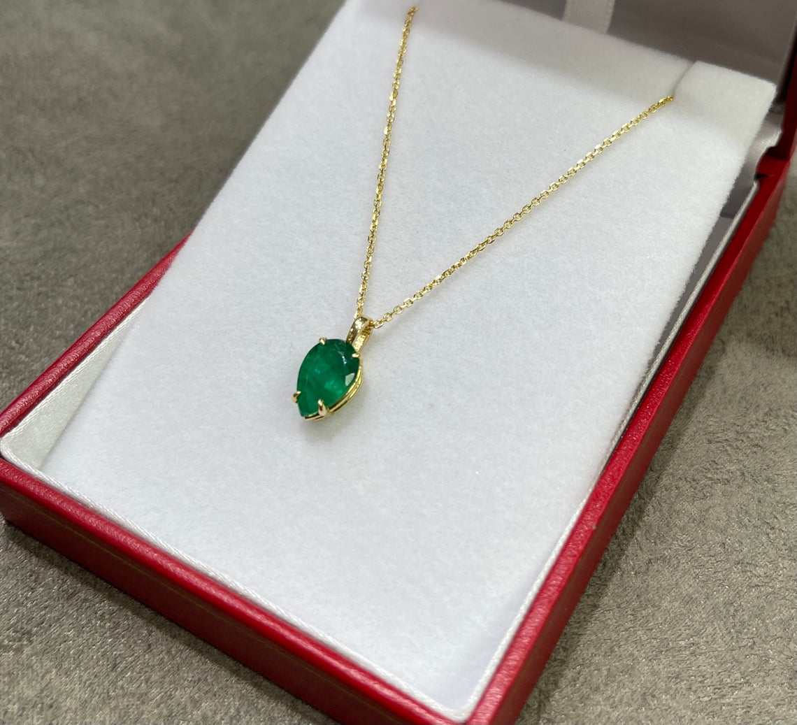 1.70 Carat Colombian Emerald Solitaire Pear Gold Upside Down Pendant Necklace - Elegant Jewelry Gift for Women, Perfect for Weddings, Anniversaries & Special Occasions