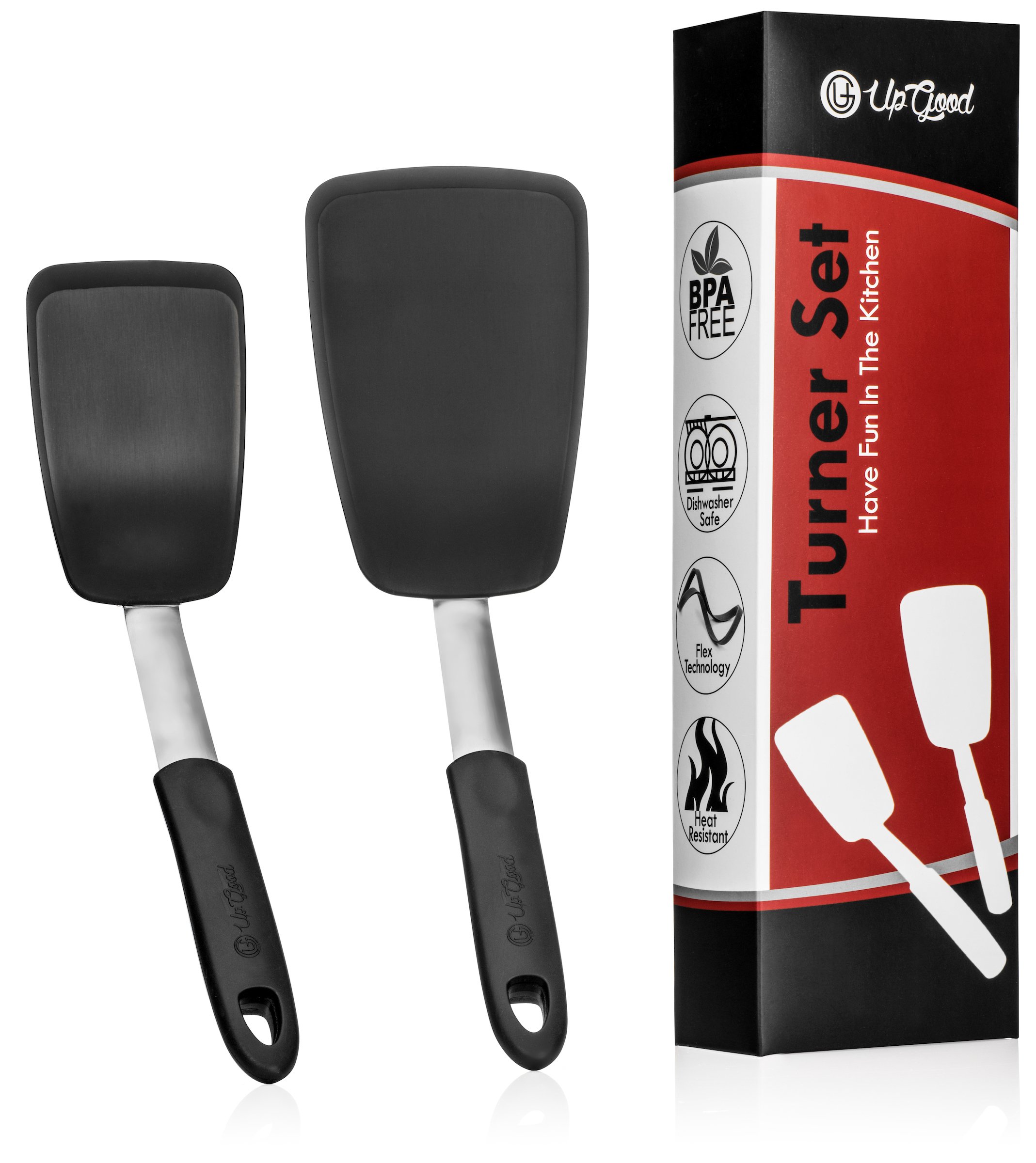 UpGood Silicone Turner Set - 2 Pack Large & Small Heat-Resistant Kitchen Spatulas - Nonstick Cooking Utensils with Tapered Edges - Flexible Stainless Steel, BPA Free Professional Cookware - Perfect for Flipping Pancakes, Burgers & Eggs