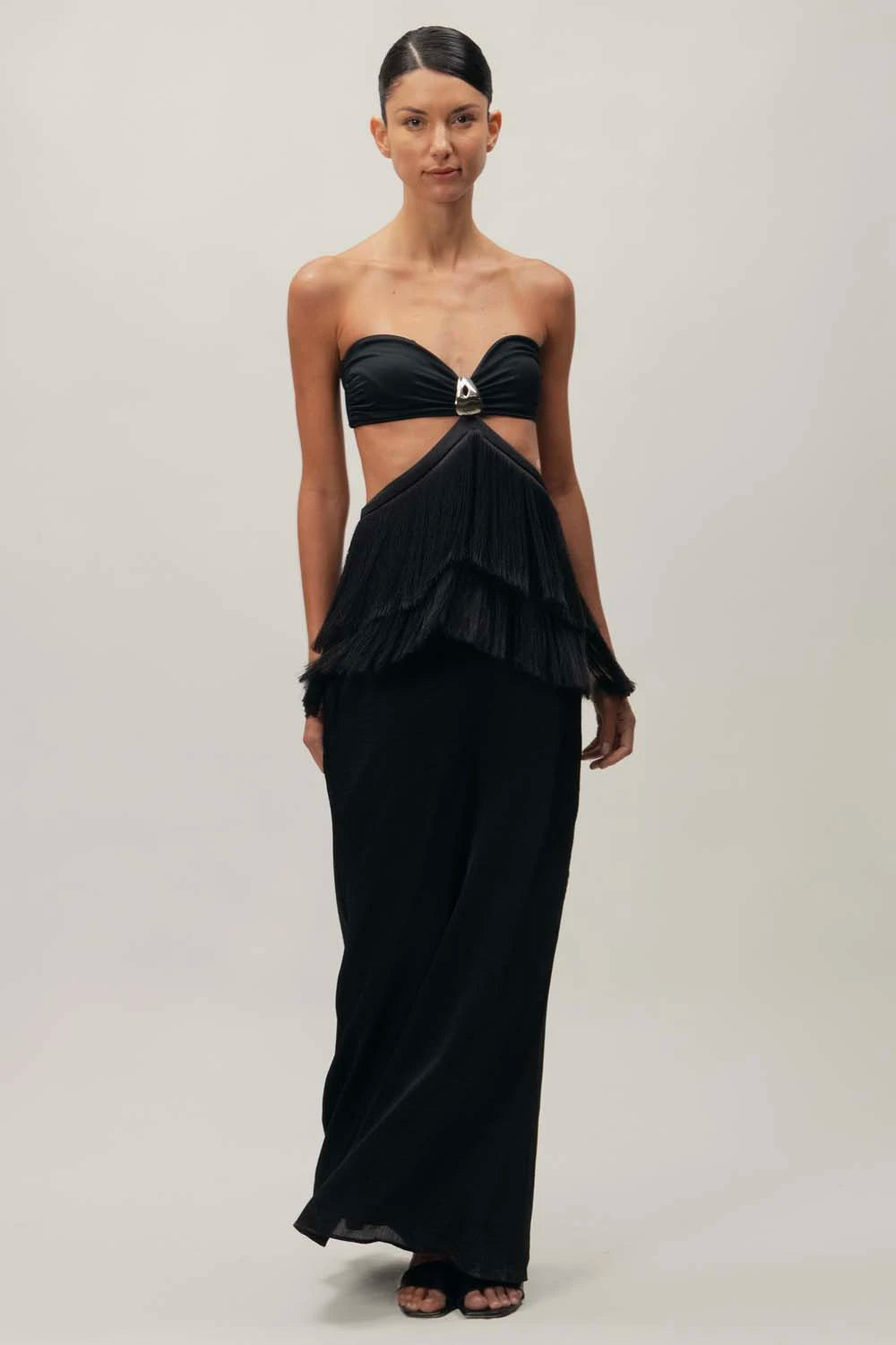 Dua Maxi Dress for Women - Elegant Long Sleeve Flowy Coal Black Dress for Evening Party, Wedding Guest, or Special Occasions