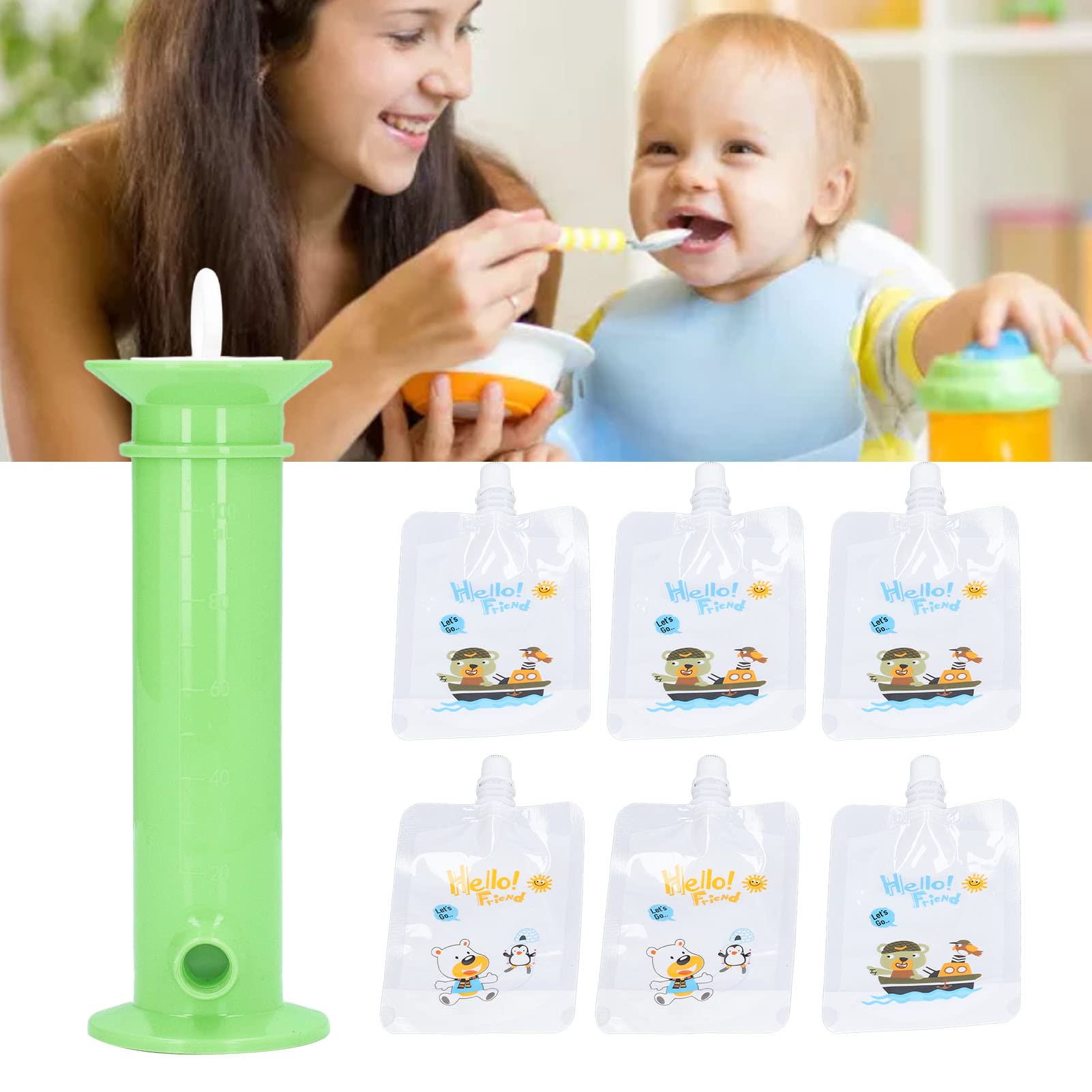 7pcs Reusable Baby Food Pouch Maker Kit with Squeeze Station - Portable DIY Fruit Puree Filler for Infants & Toddlers - Perfect for Outdoor, Travel, Kindergarten, Picnics & Home Use (Green)