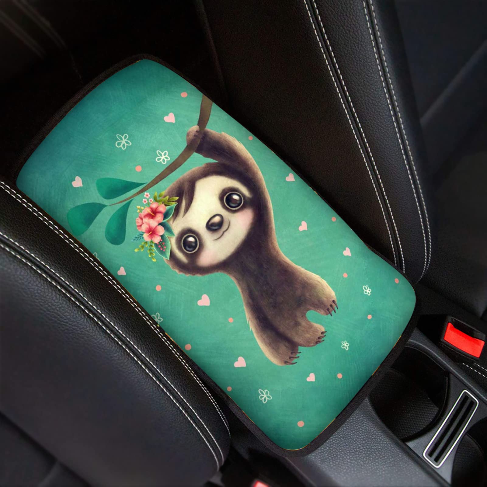 Sloth Print Car Accessories Set - Universal Fit Car Seat Covers, Steering Wheel Cover, Gear Shift Knob Cover, Hand Brake Cover, Seat Belt Pads & Center Armrest Cover with Coasters | Cute Sloth Design for Cars, SUVs & Trucks - Perfect Gift for Animal Lovers & Road Trip Essentials