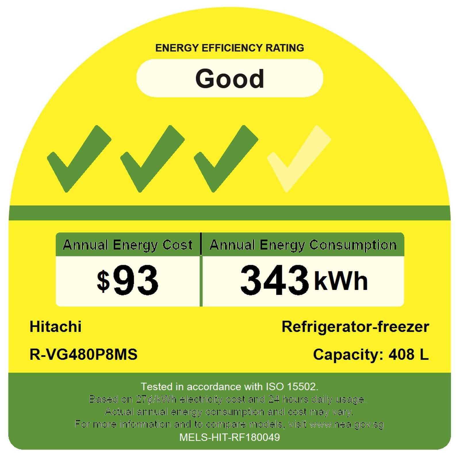 Hitachi 408L 2-Door Refrigerator RVG480P8MSXRZ - Energy Efficient Fridge for Home, Kitchen & RV Use