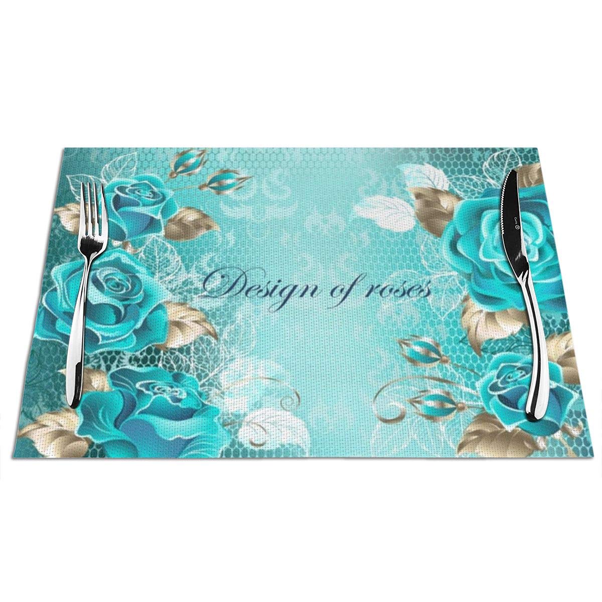 Kiuloam Turquoise Rose Floral PVC Placemats Set of 4 - Heat-Resistant Woven Vinyl Table Mats 12