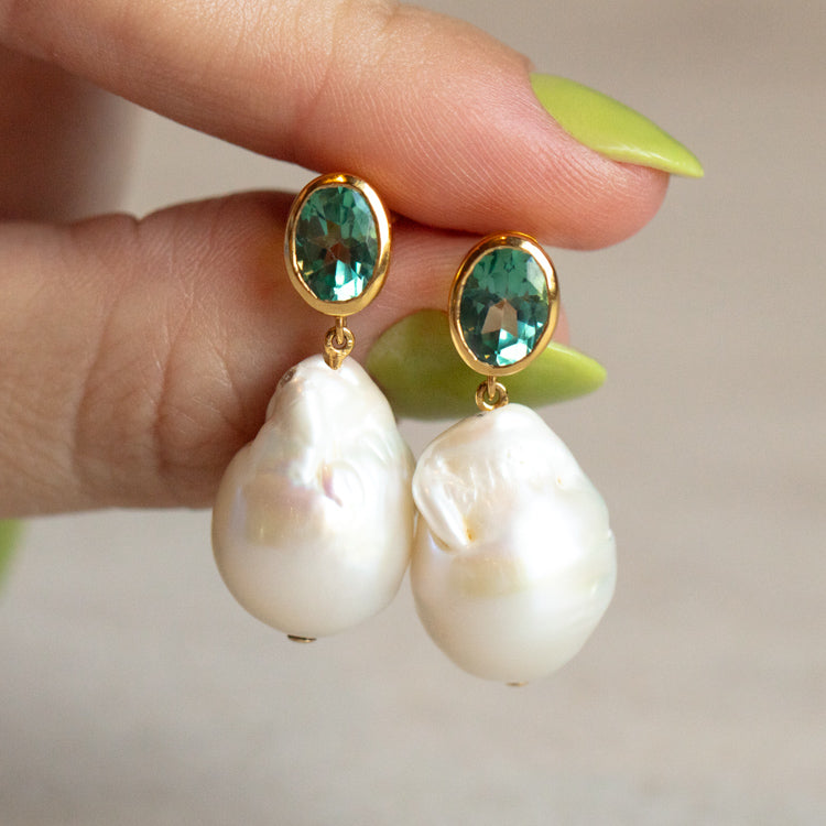 Elegant Baroque Pearl & Green Topaz Drop Earrings – Vintage Style Dangle Earrings for Women | Perfect for Weddings, Parties & Special Occasions