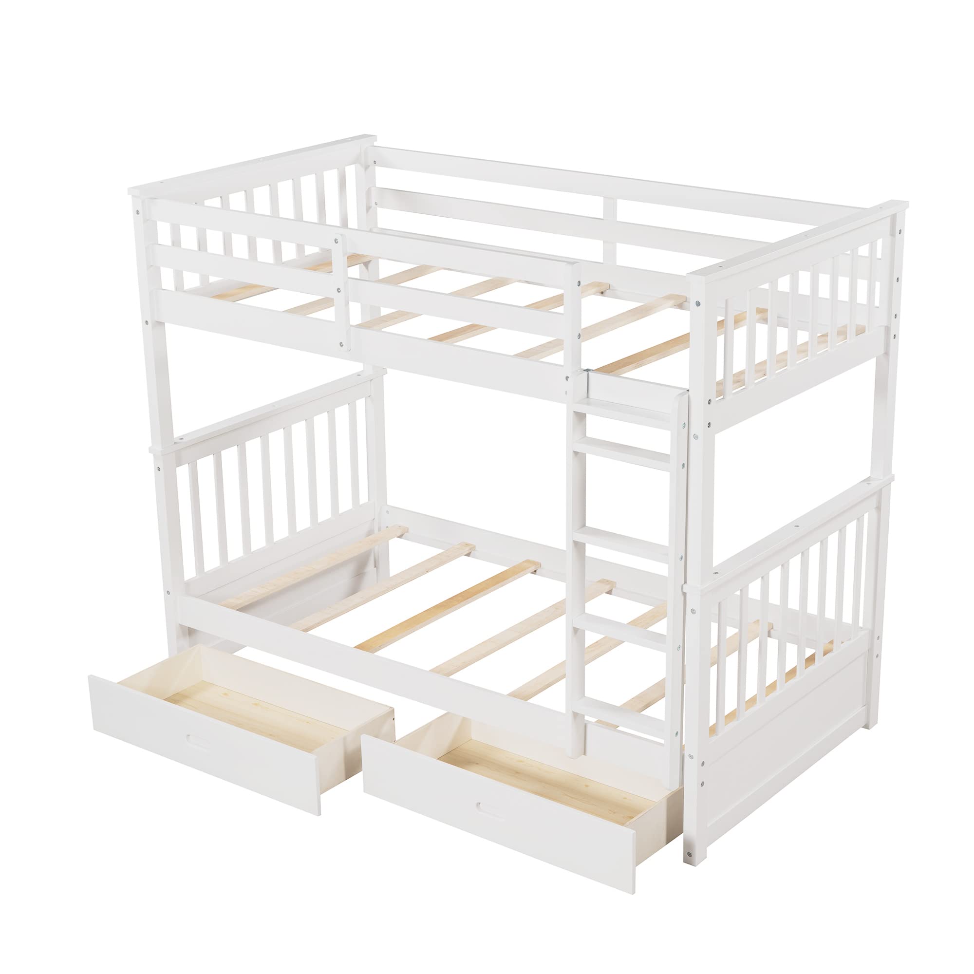P PURLOVE Twin Over Twin Bunk Bed with 2 Storage Drawers, Solid Wood Bunk Bed Frame with Ladders, Convertible to 2 Separate Twin Beds for Teens, Kids, Boys & Girls - No Box Spring Required (White) - Perfect for Small Bedrooms, Guest Rooms & Shared Kids' Rooms