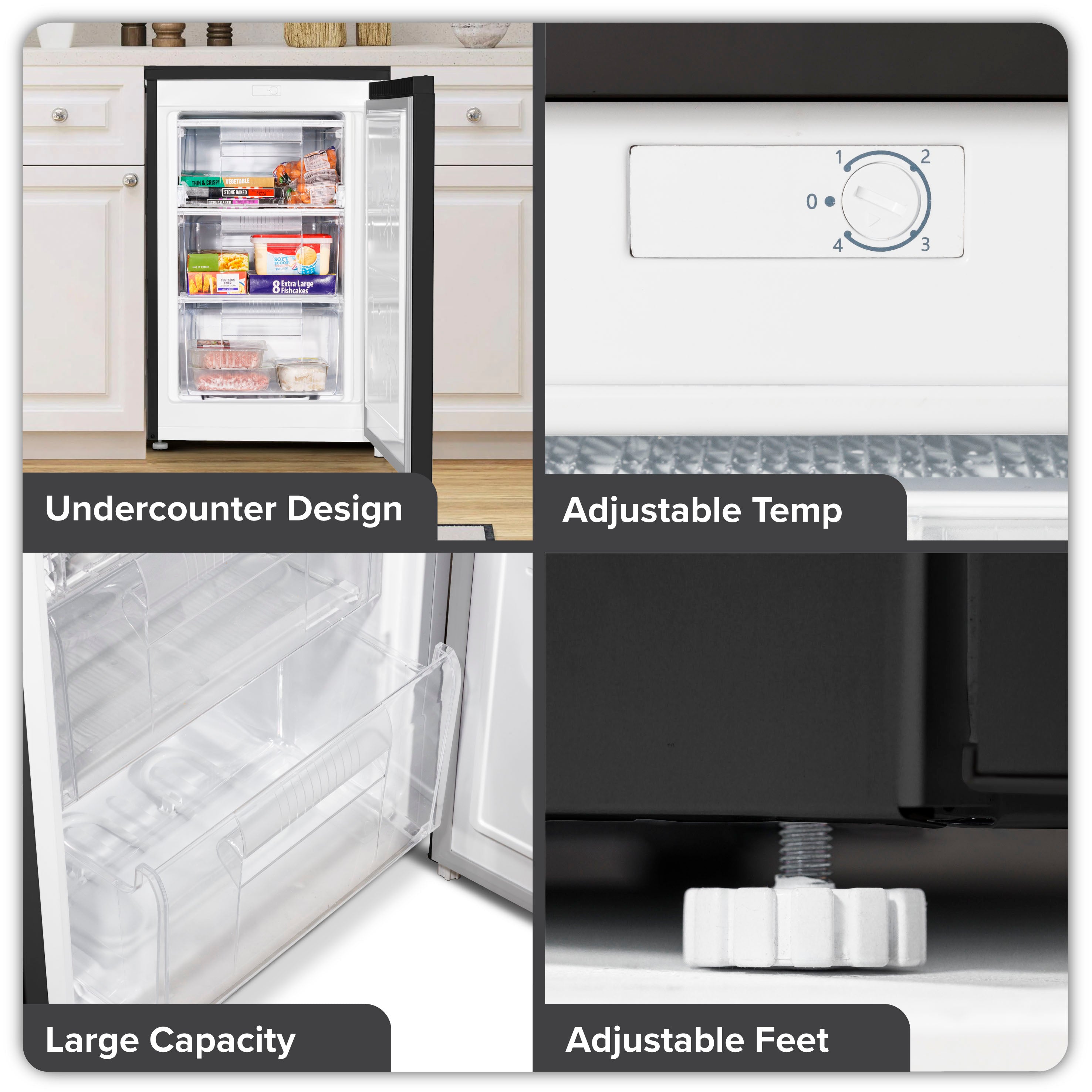Baridi 55cm Undercounter Freezer with Adjustable Thermostat, 85L Capacity, Black (DH251) - Perfect for Kitchens, Garages, and Small Spaces