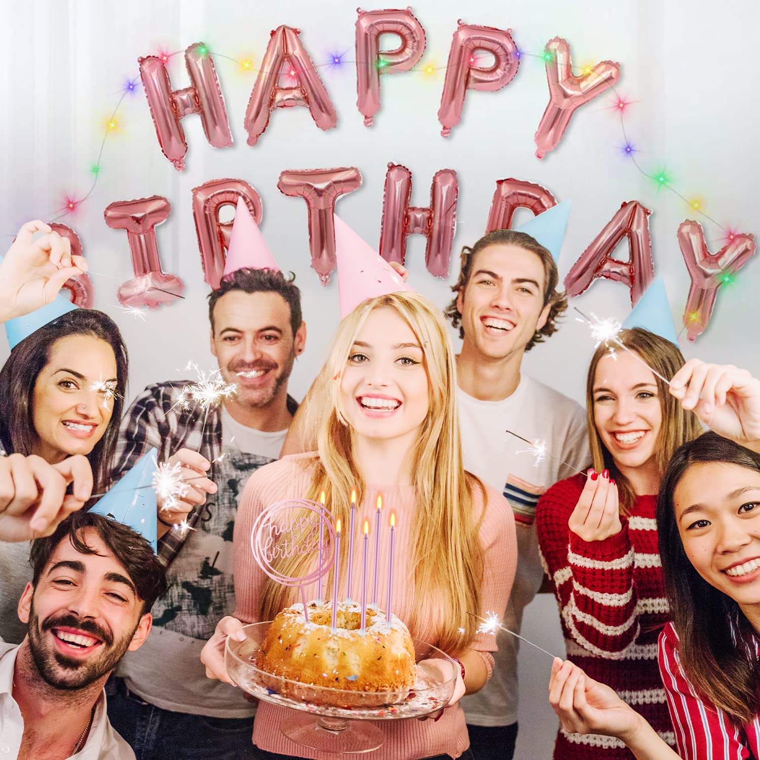 9-Piece Rose Gold Birthday Candles Set - Long Thin Cake Candles with Balloons & Toppers for Birthday Wedding Party Decorations - Perfect for Cakes, Cupcakes, and Dessert Tables