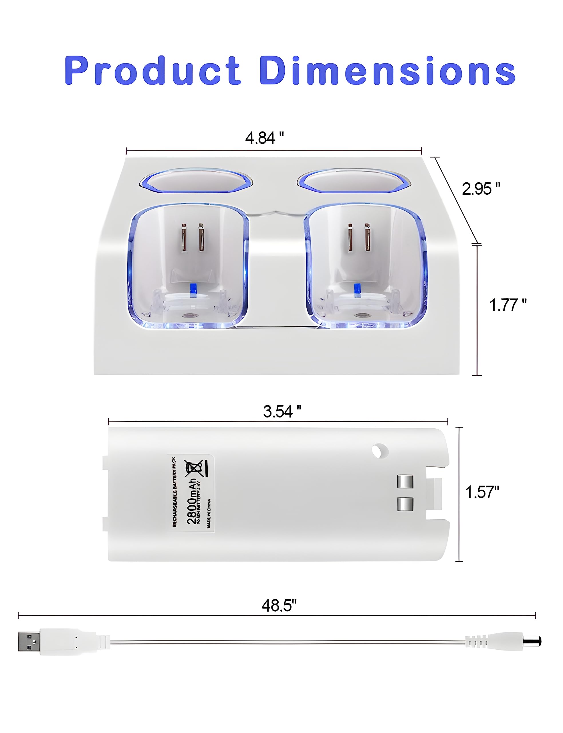 Wii Remote Controller Charging Dock Station - 4 Port USB Charger with 4x 2800mAh Rechargeable Batteries for Nintendo Wii (White) - Perfect for Gaming Parties & Family Entertainment