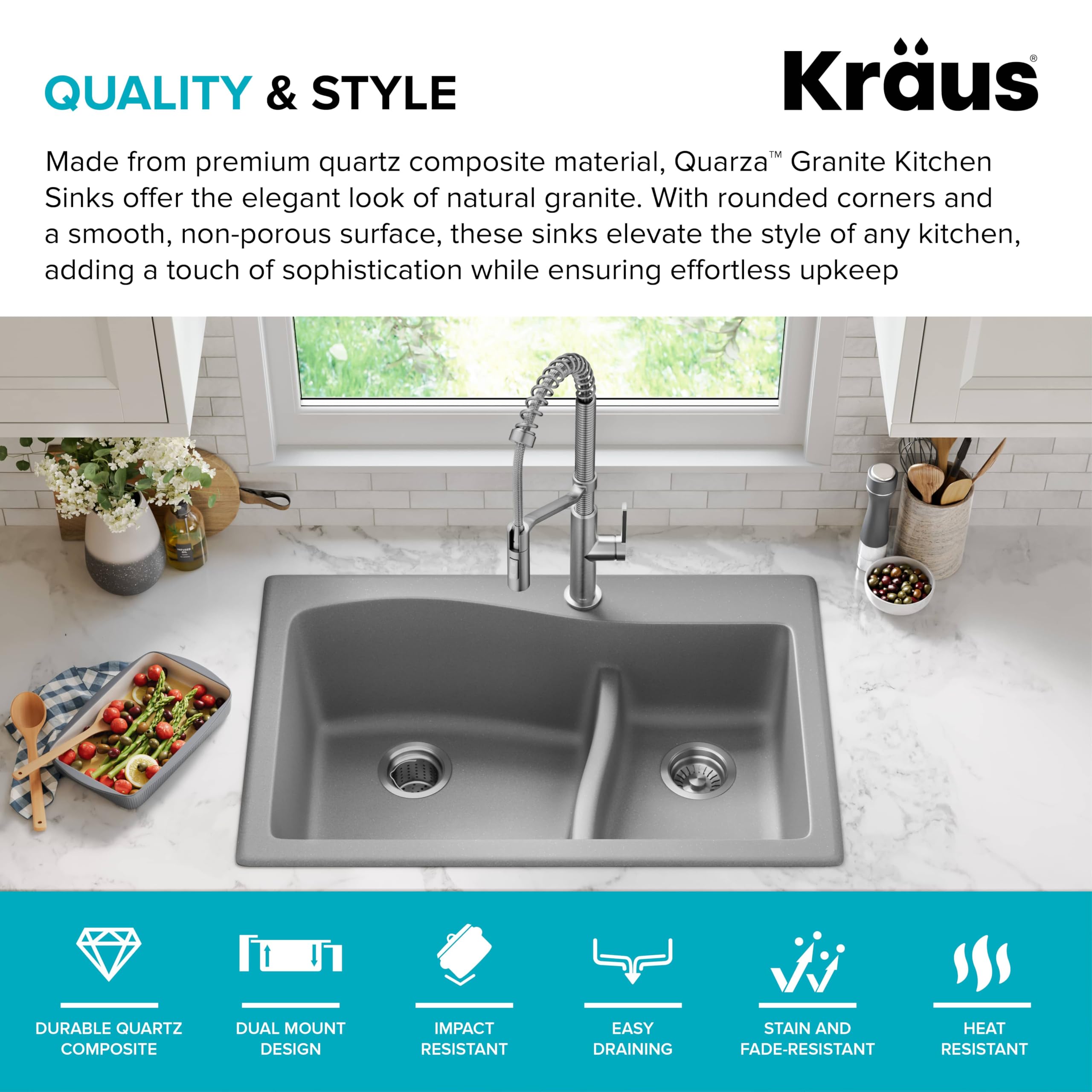 KRAUS Quarza 33-inch Drop-In/Undermount 60/40 Double Bowl Granite Composite Kitchen Sink in Gray - Durable & Stylish for Modern Kitchens, Perfect for Meal Prep and Cleanup (Model KGD-442GREY)