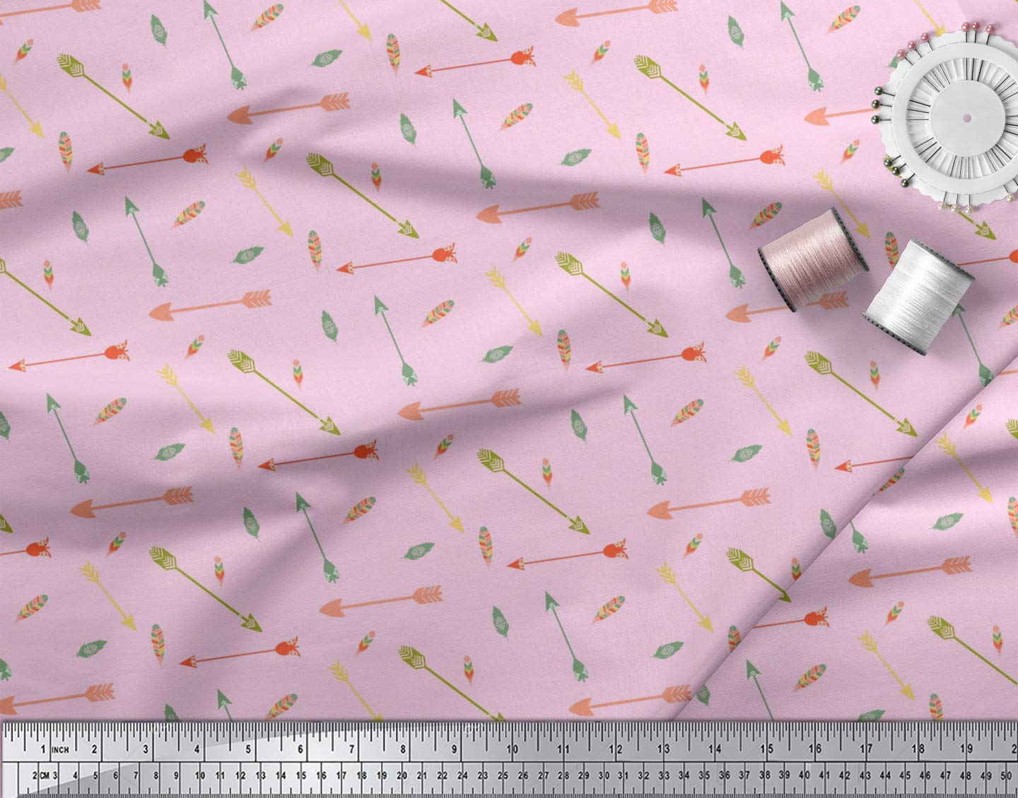 Soimoi Moss Georgette Pink Fabric by The Yard - 42 Inch Wide Bohemian Tribal Print Fabric for Dresses, Scarves & Home Decor | Arrow & Feather Design for DIY Sewing Projects