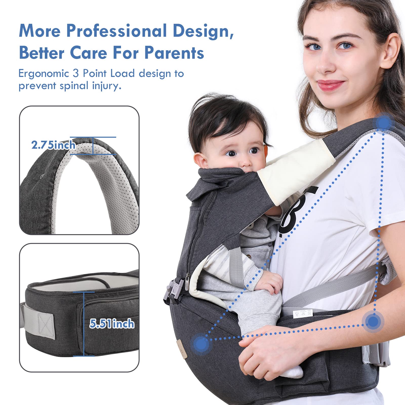 Lehoo Upgraded Baby Carrier with Detachable Hip Seat & Saliva Towel - Ergonomic Support for Newborn to Toddler (Grey) | Perfect for Hands-Free Parenting, Shopping & Outdoor Adventures