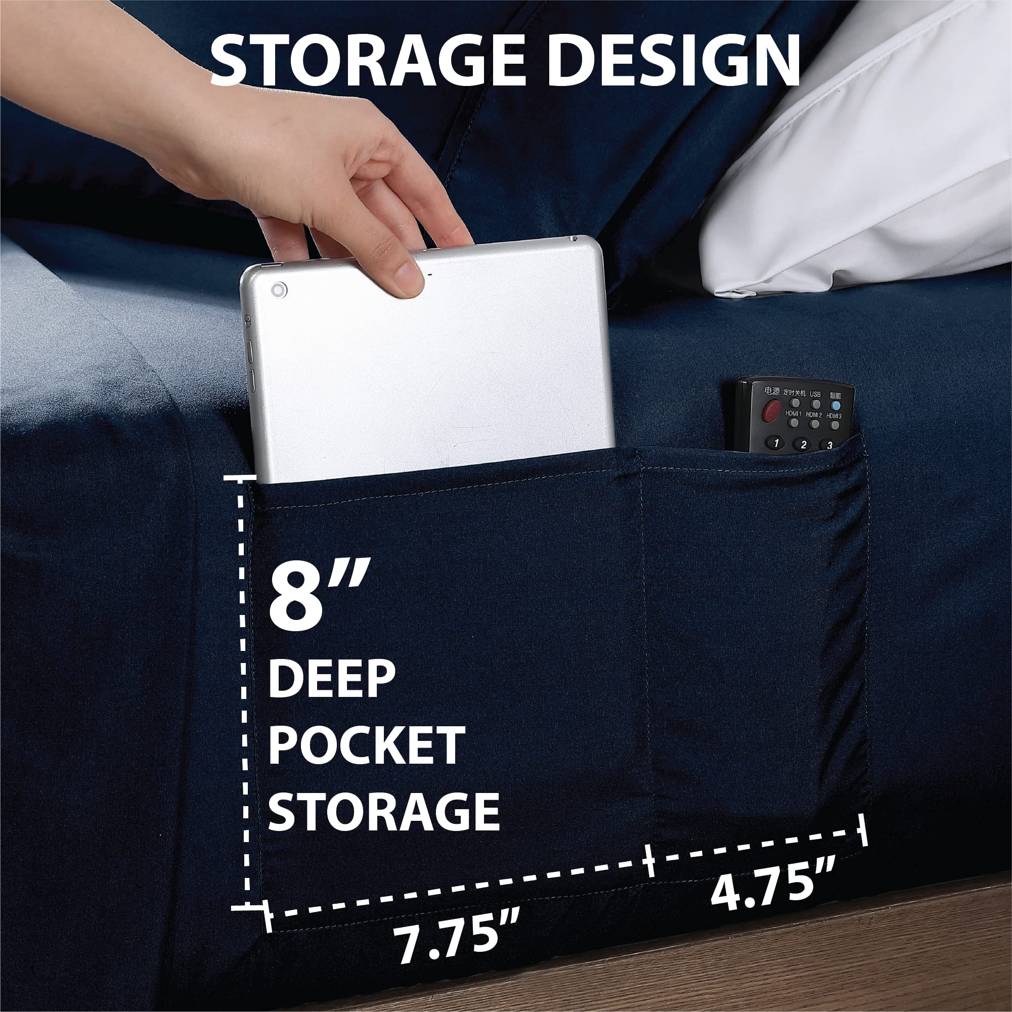 Swift Home Smart Sheets - Ultra Soft Brushed Microfiber 3-Piece Sheet Set with Side Storage Pockets | Twin Size Navy Blue Bedding | Perfect for Dorms, Guest Rooms & Small Spaces