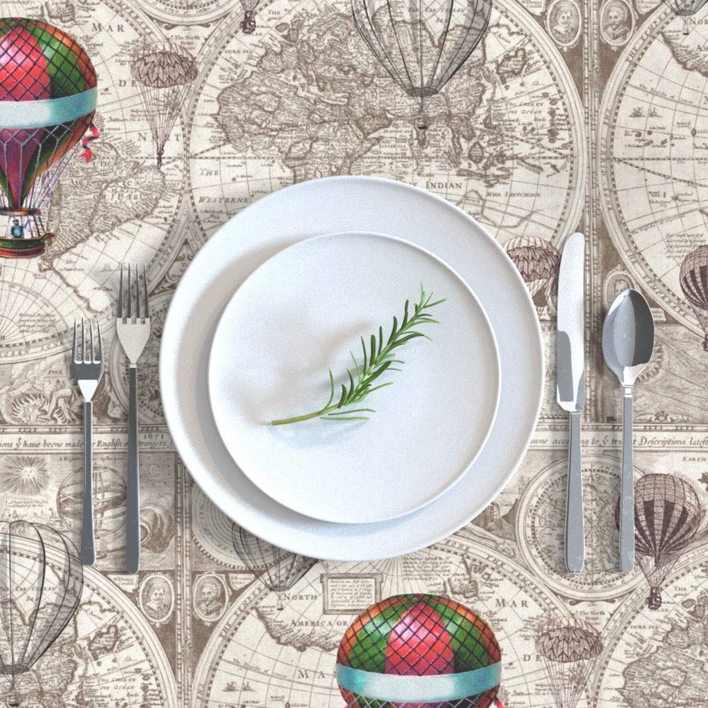 Custom Printed Cotton Sateen Tablecloth 70x144 Inches - Vintage Hot Air Balloons & Steampunk World Travel Map Design in Beige, Brown & Antique Colors | Perfect for Dining Room Decor, Wedding Reception, Tea Party & Special Occasions