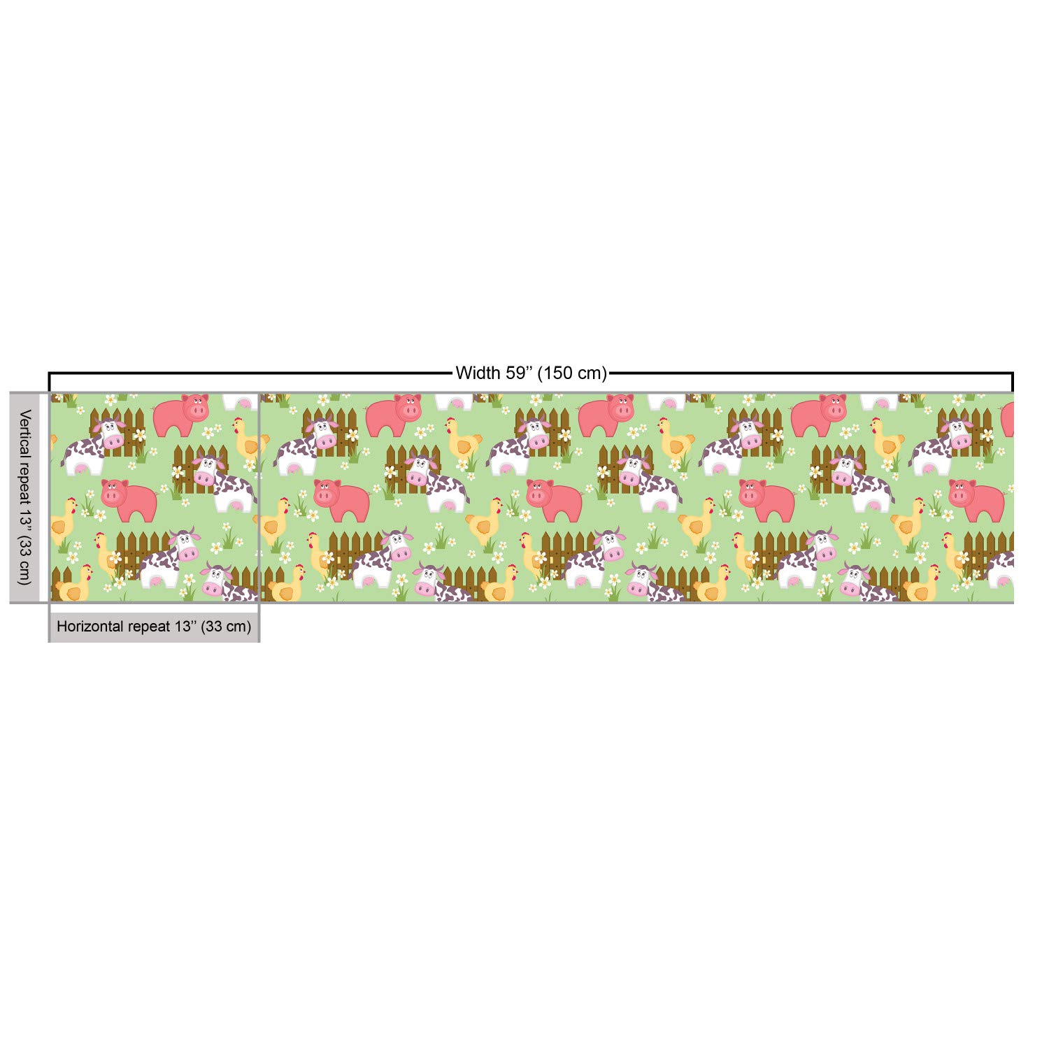 Lunarable Farmhouse Fabric by The Yard - Country Style Cartoon Animal Print with Cow, Pig & Chicken Design for Upholstery, Home Decor | 10 Yards Green & Pink Fabric for DIY Projects, Curtains, Pillows & Quilting