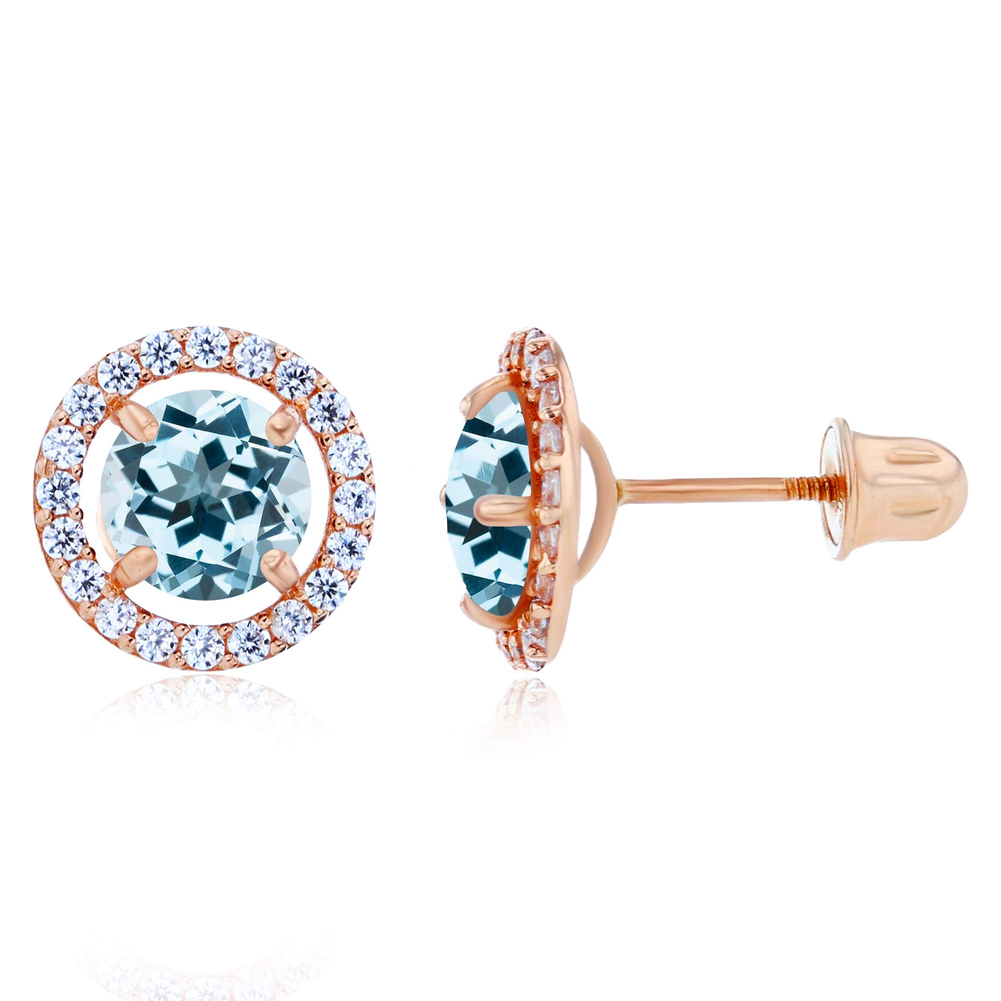 14K Solid Gold 8mm Halo Birthstone Stud Earrings for Women | 5mm Round Natural Birthstone | 1mm White Sapphire Halo Screwback Earrings | Perfect for Everyday Wear, Gifts & Special Occasions
