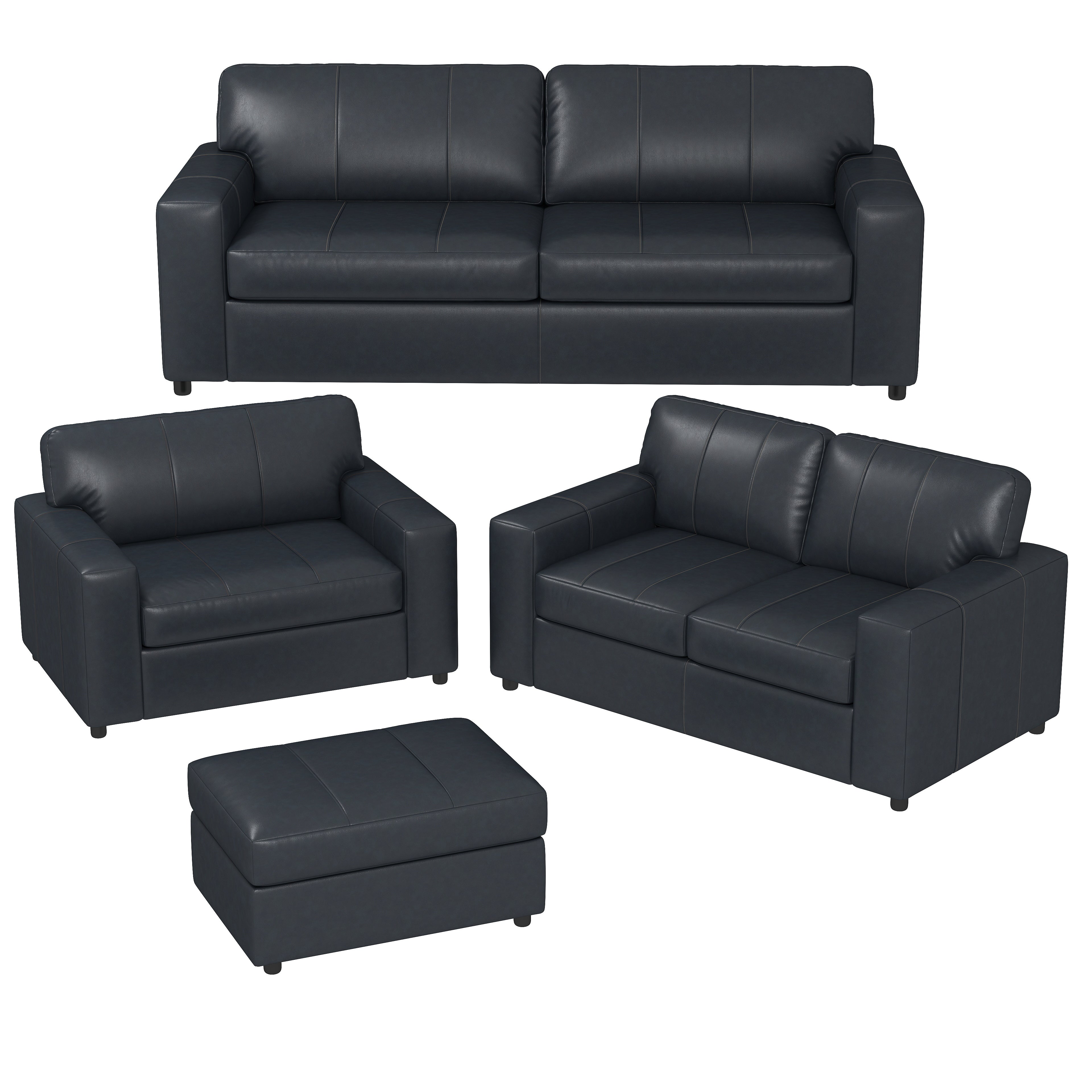 Roundhill Furniture Sakan Genuine Leather Upholstered Living Room Set - Sofa, Loveseat & Chair - Modern Sectional Couch for Home Theater, Family Room & Lounge Areas