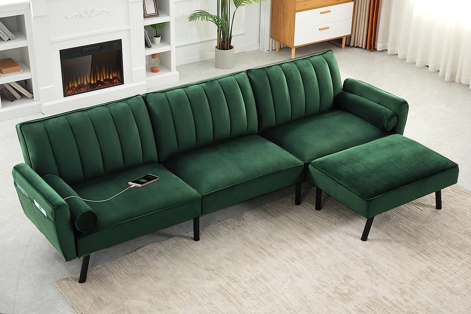 DURASPACE Velvet Convertible Sectional Sofa with Chaise & USB Ports, 106.5