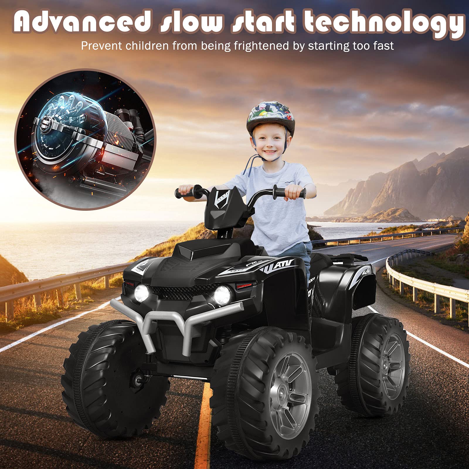 HONEY JOY 12V Kids Electric Ride On ATV - 4-Wheeler Battery Powered Quad with 2 Speeds, LED Headlights & Treaded Tires - Safe Slow Start, Horn & Music - Perfect Outdoor Toy for Toddlers (Black) - Great for Backyard Play, Birthday Gifts & Outdoor Adventures