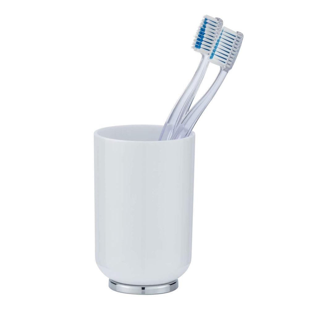 Posa Toothbrush Tumbler - White & Chrome Stainless Steel Travel Cup with Lid | Perfect for Bathroom Storage, Travel Essentials & Home Organization
