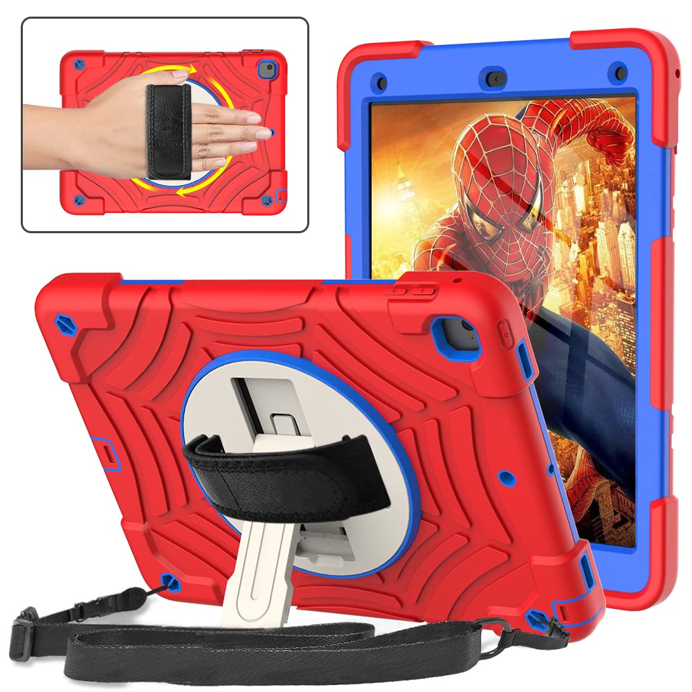Shockproof Kids Case for iPad 6th/5th Gen & iPad 9.7 Inch (2017/2018) - 360° Rotating Stand, Hand Strap & Screen Protector Included - Compatible with iPad Air 2 - Perfect for School, Travel & Home Use (Red & Blue)