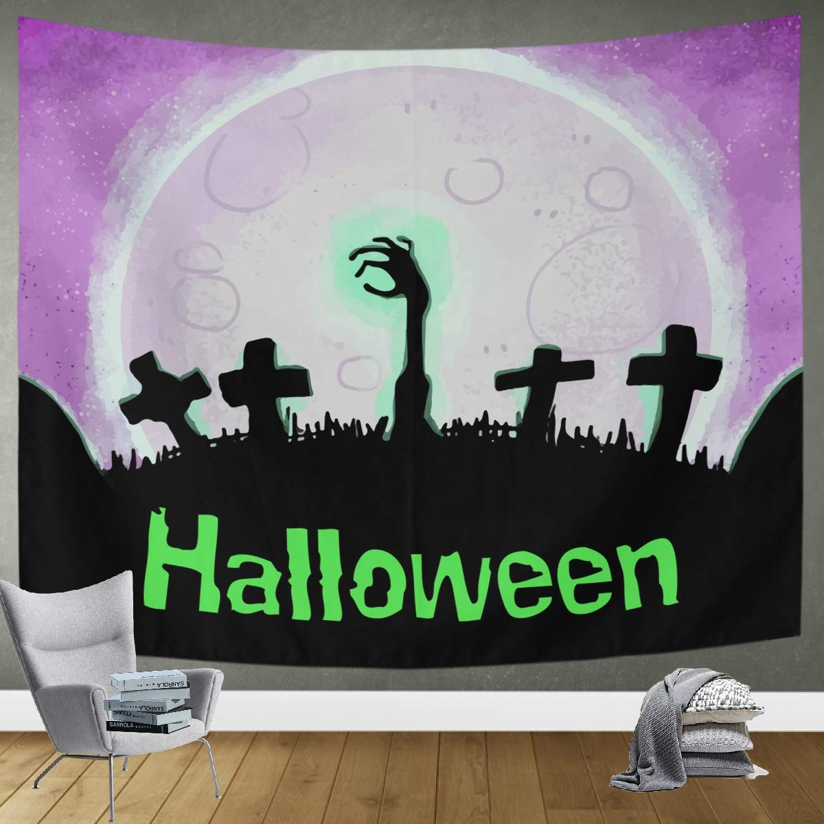 DOMIKING Halloween Wall Hanging Tapestry - Watercolor Zombie Art Decor for Bedroom, Living Room, Dorm (60x51 inches) | Spooky Home Decor, Party Backdrop, Seasonal Wall Art