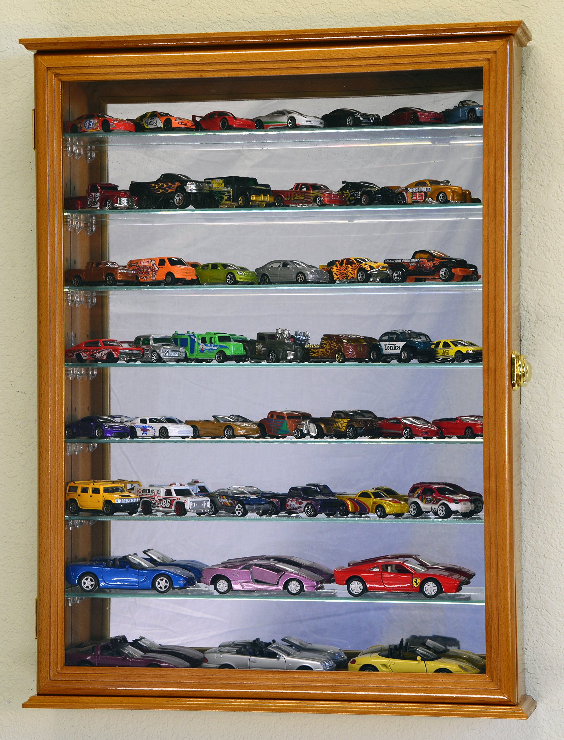 7-Tier Adjustable Shelves Mirrored Display Case for Hot Wheels, Matchbox & Diecast Cars - 1/64 & 1/43 Scale Model Showcase Cabinet in Oak Finish | Perfect for Collectors, Home Decor & Toy Storage